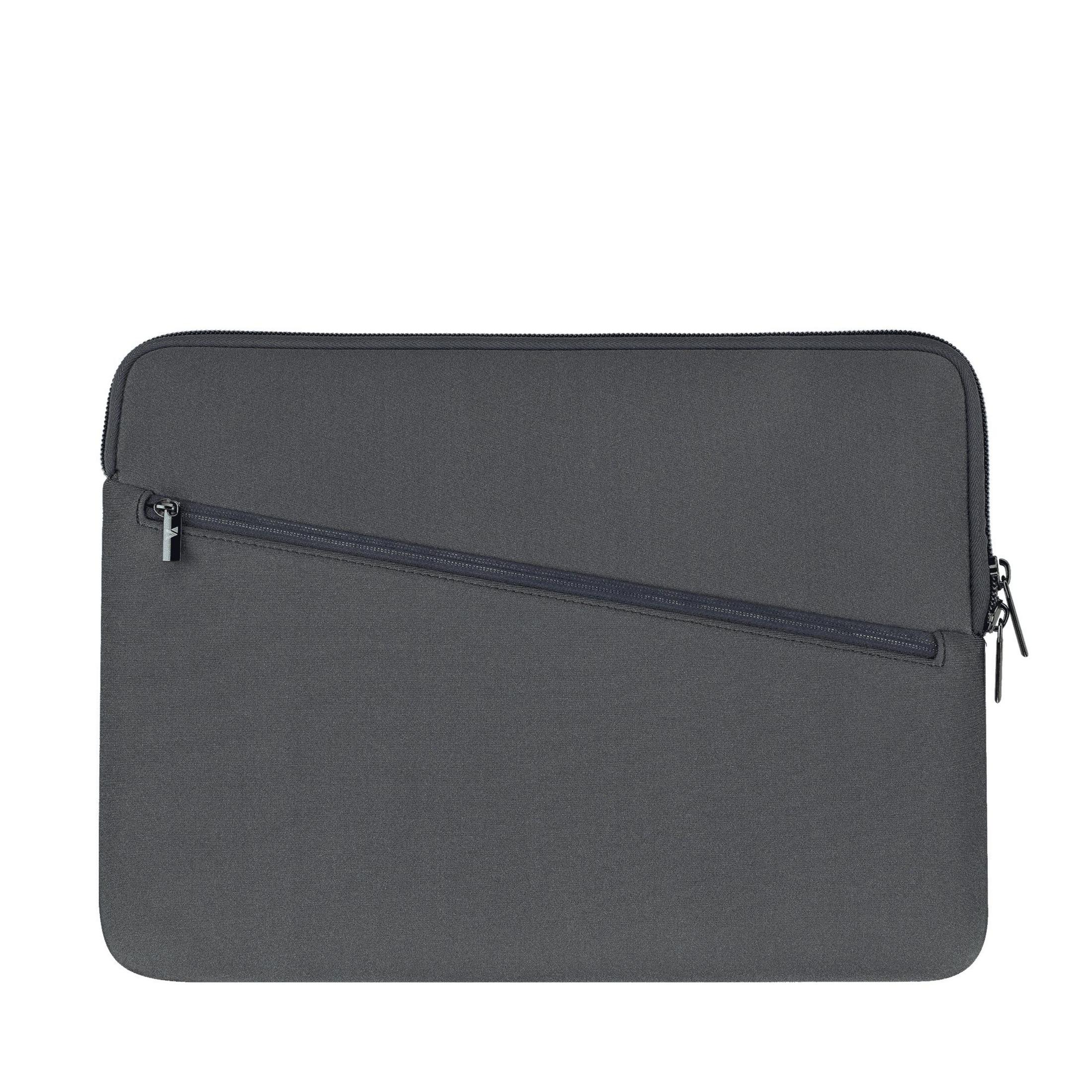 Graue Laptoptasche mit diagonalem Reißverschluss und kleiner Tasche. Einfacher weißer Hintergrund.