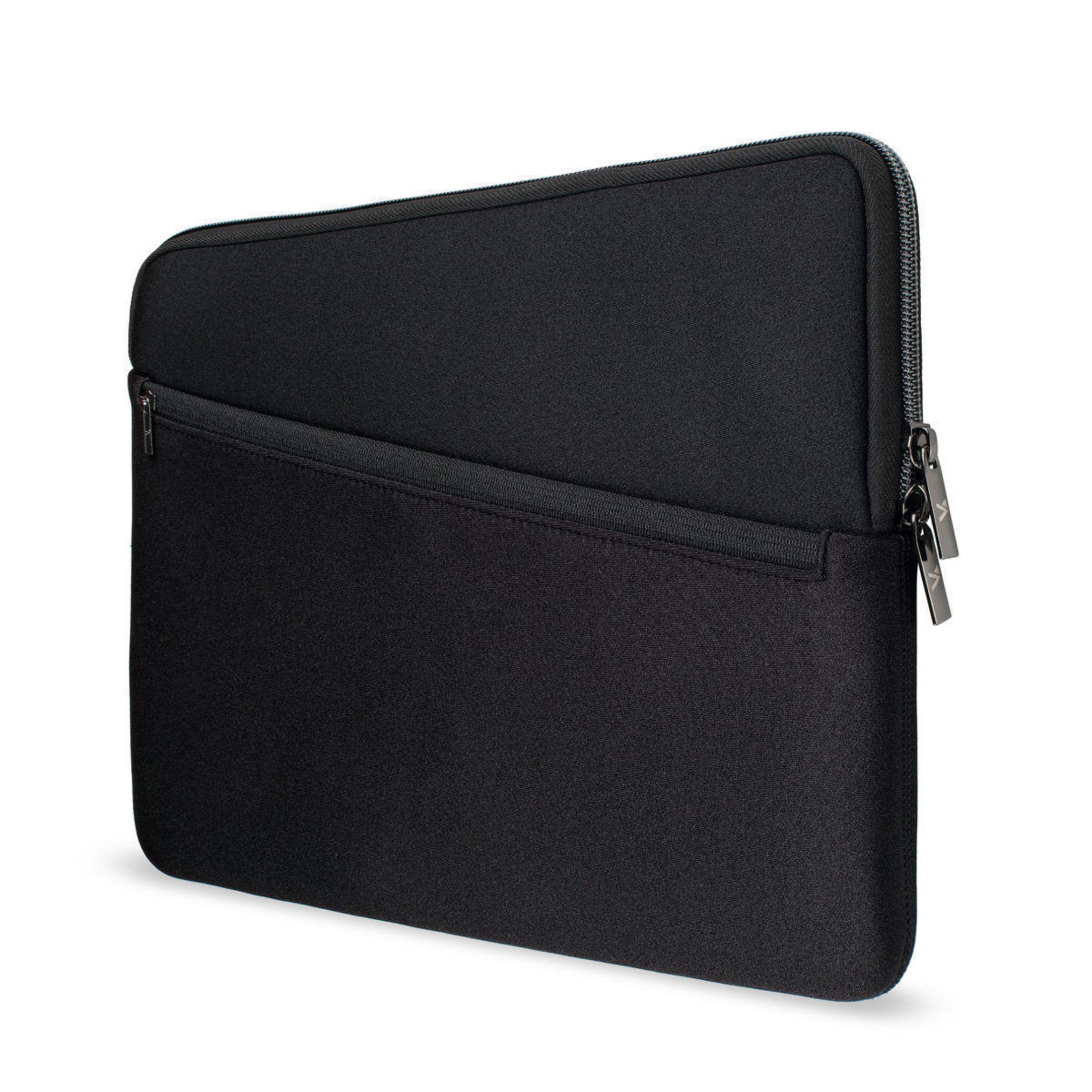 Eine schwarze Laptoptasche mit Tasche und Reißverschluss. Der Reißverschluss hat einen silbernen Zug.