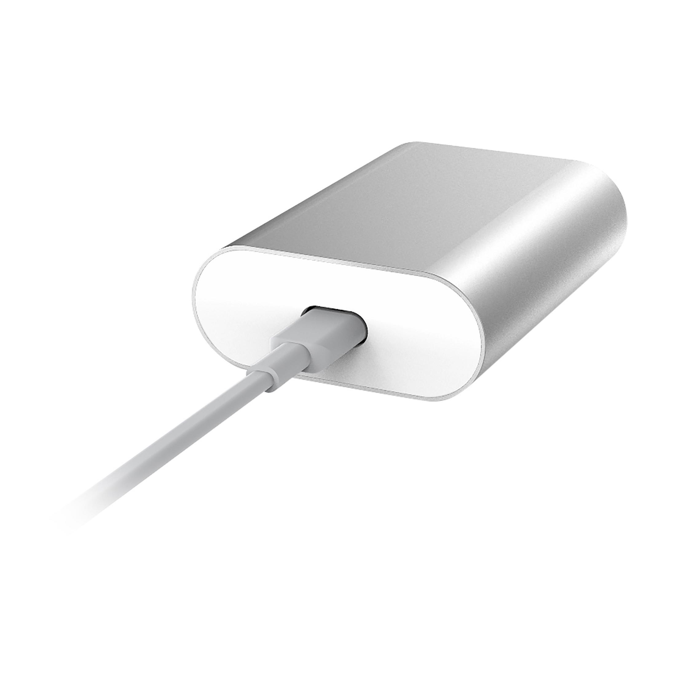 Ein silberner, abgerundeter rechteckiger Adapter mit einem USB-C-Anschluss und einem angeschlossenen grauen Kabel.