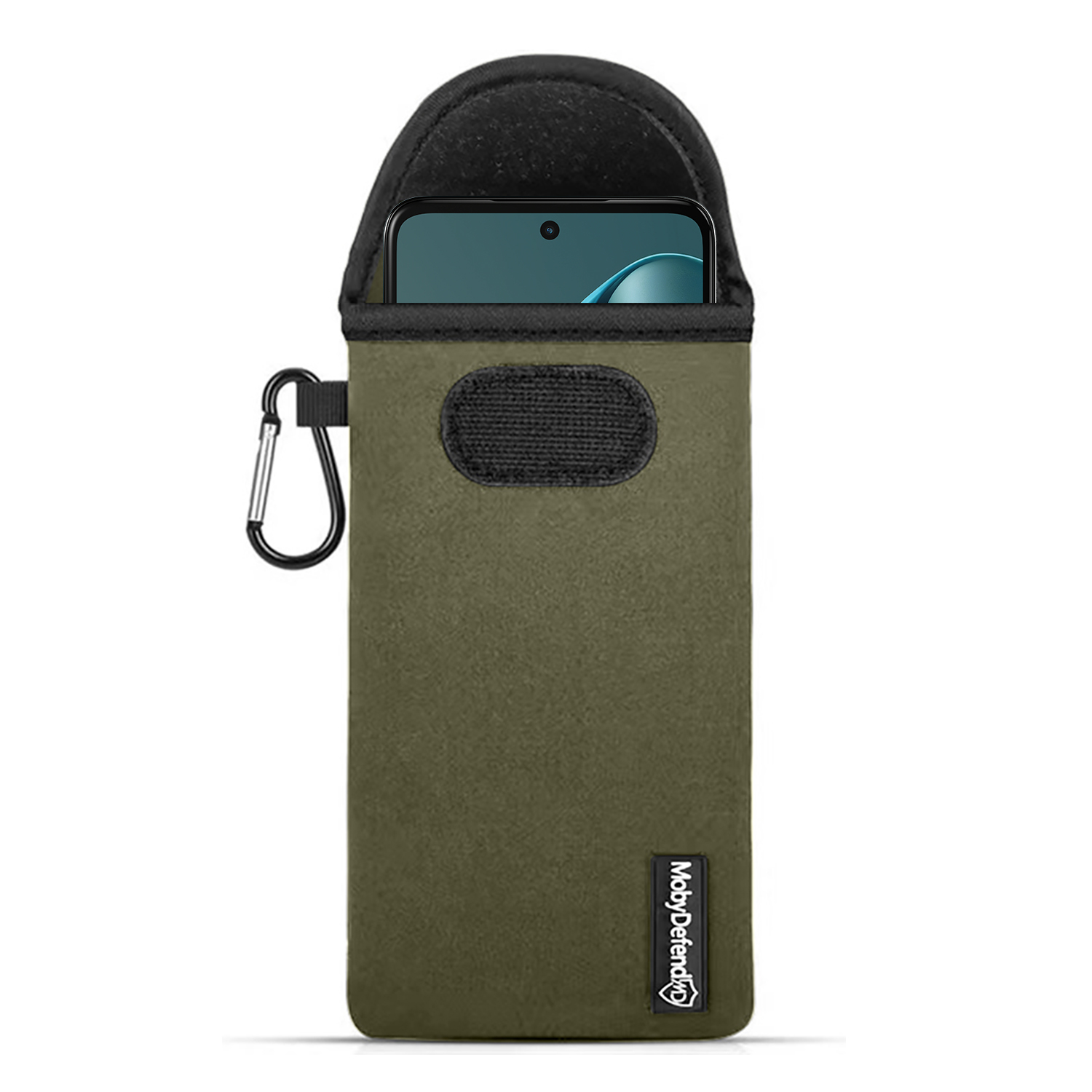 Groene telefoonsleeve met een zwarte karabijnhaak en de tekst 'MobyDefend'.