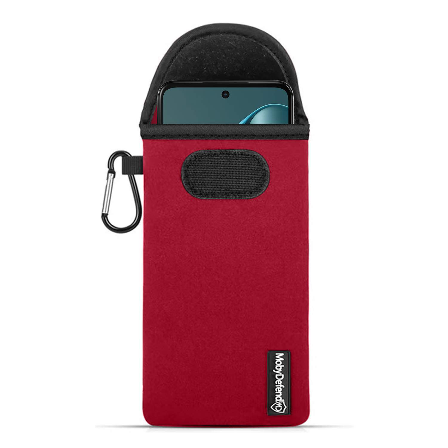 Rode telefoonhoes met een telefoon erin en een karabijnhaak.