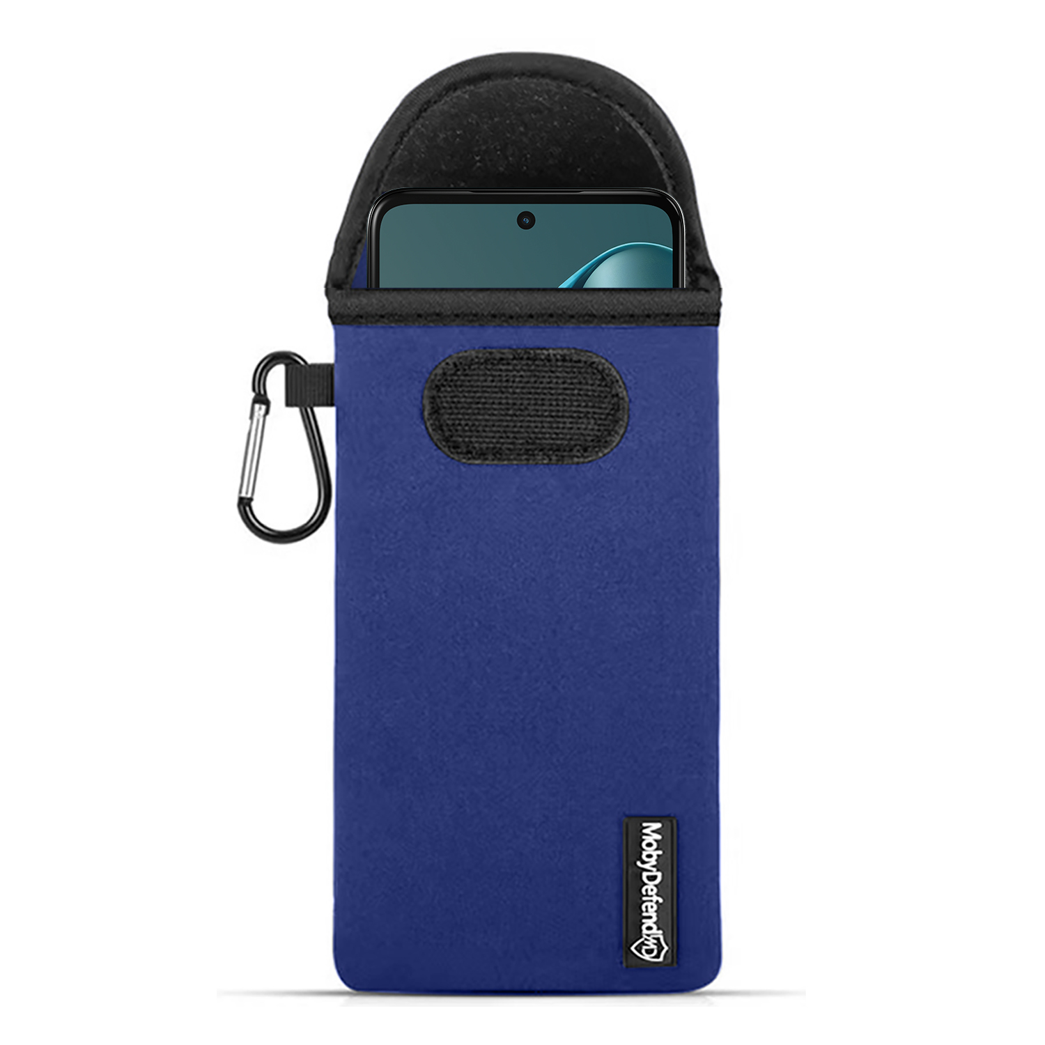 Een blauwe telefoonhoes met een telefoon erin en een zwarte karabijnhaak.