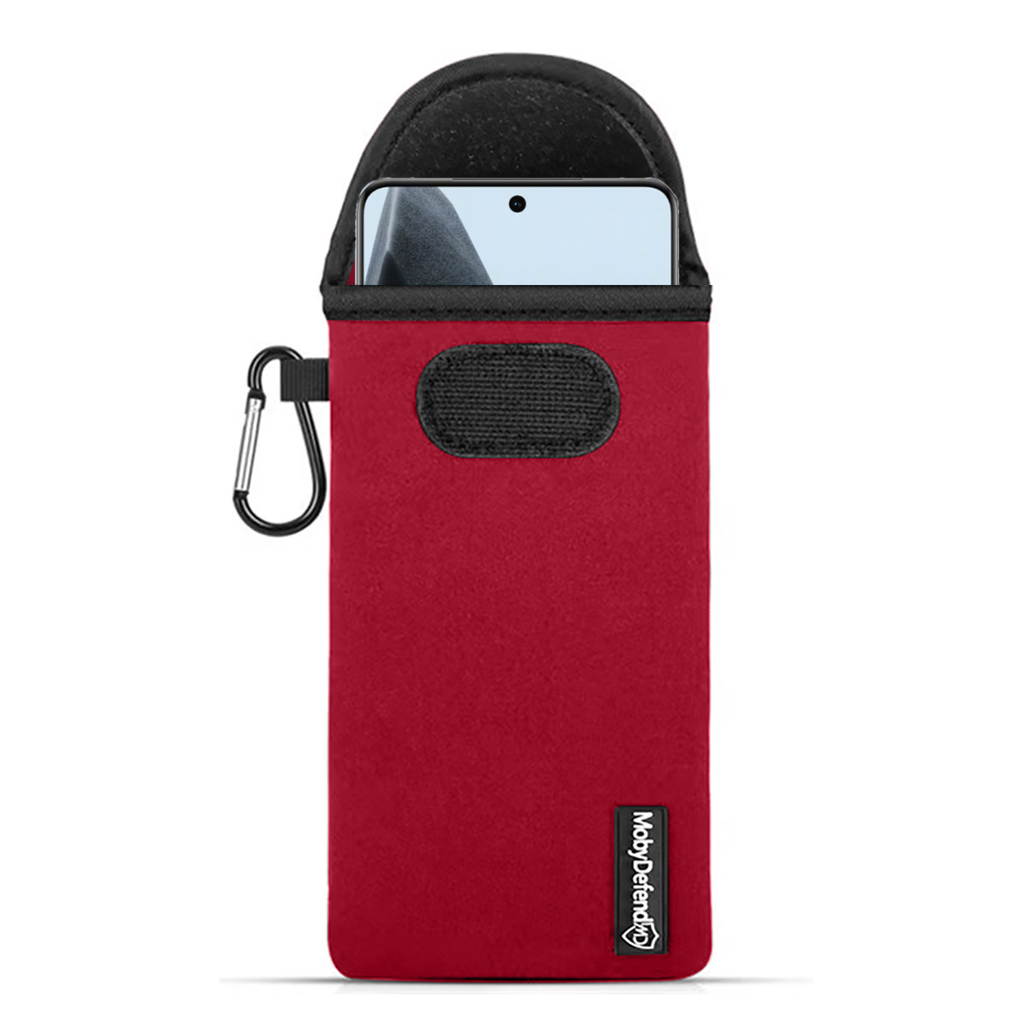 Rode telefoonhoes met een telefoon erin en een karabijnhaak.