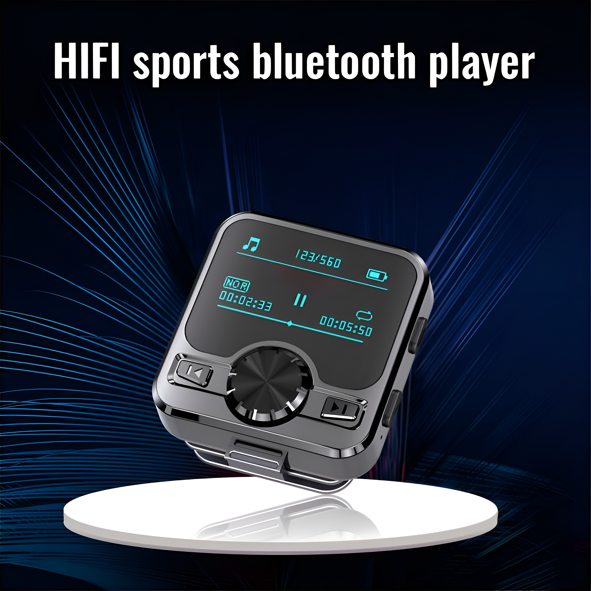 Ein schwarzer, rechteckiger HI-FI-Sport-Bluetooth-Player auf einem Ständer, mit dunklem blauem Hintergrund.