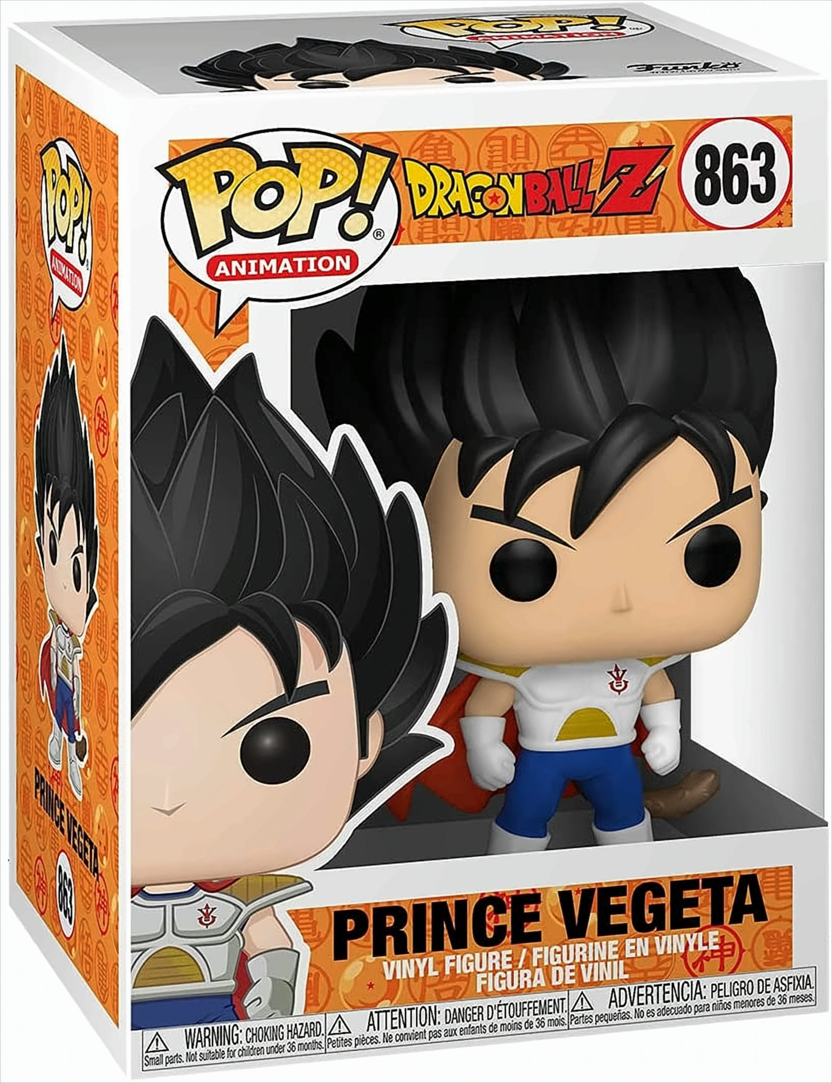 Eine Prince Vegeta Funko Pop Figur in ihrer Schachtel. Die Figur ist Vegeta aus Dragon Ball Z. Die Schachtel ist weiß mit orangefarbenen Akzenten.