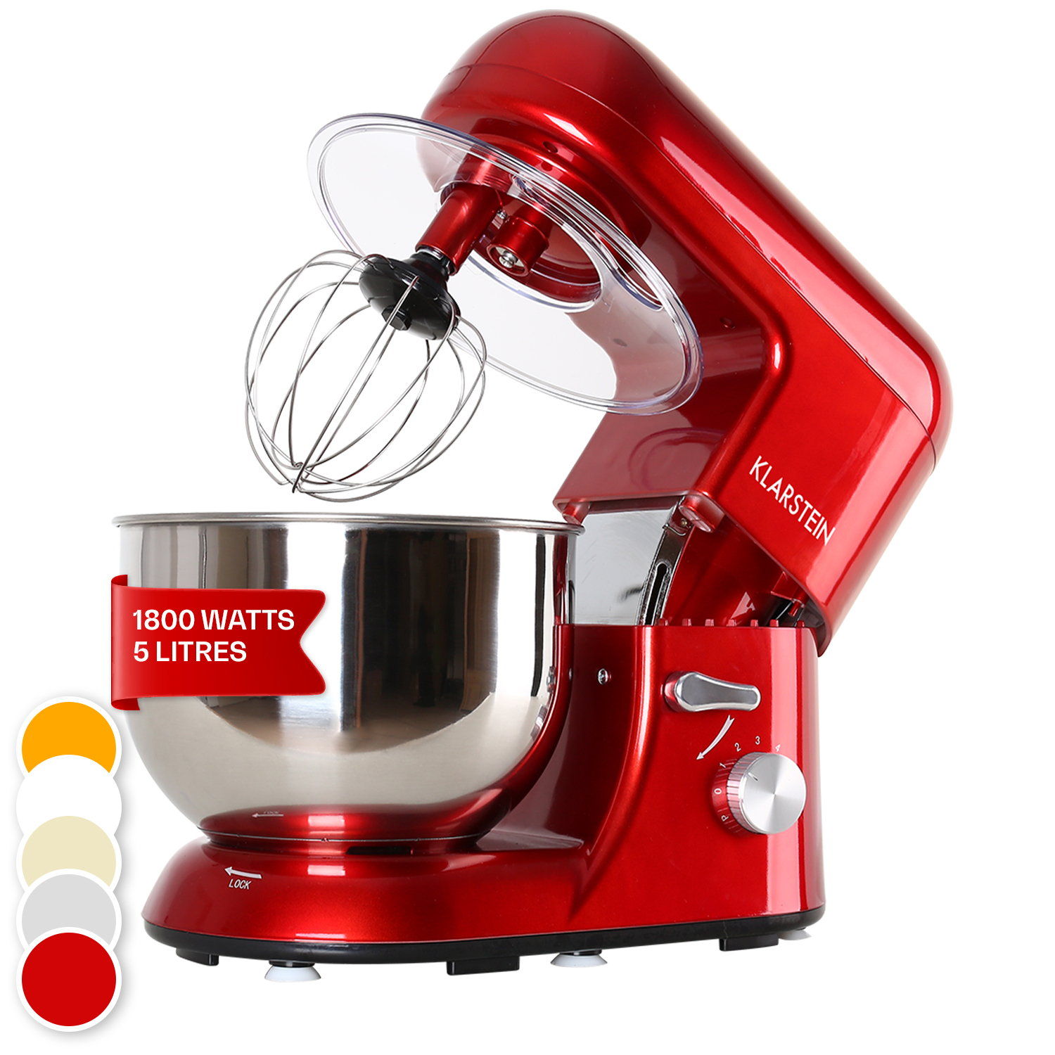 Roter Küchenmixer mit durchsichtigem Deckel, Edelstahlschüssel und Schneebesenaufsatz. Hat ein Leistungsschild und Geschwindigkeitsregler.