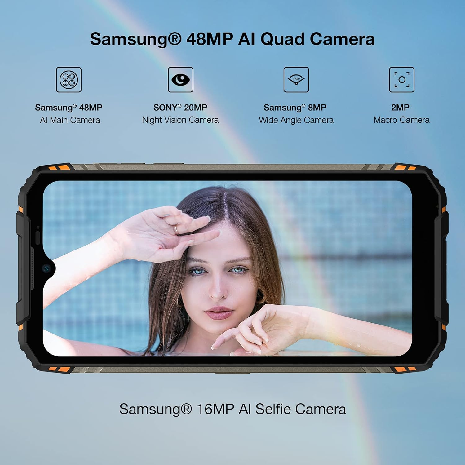 Ekran smartfona z kobietą, ze specyfikacjami aparatu u góry. Czarna ramka telefonu.