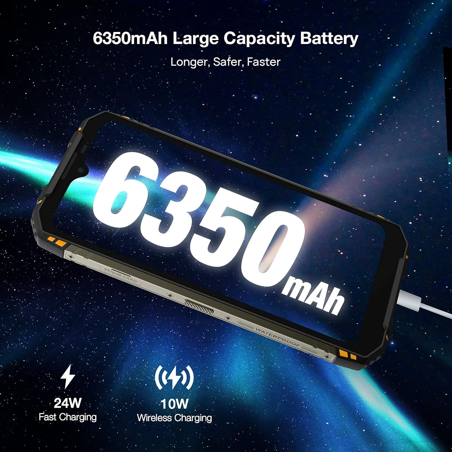 Czarny i pomarańczowy wytrzymały telefon z dużą pojemnością baterii. Pokazuje ekran z informacjami.