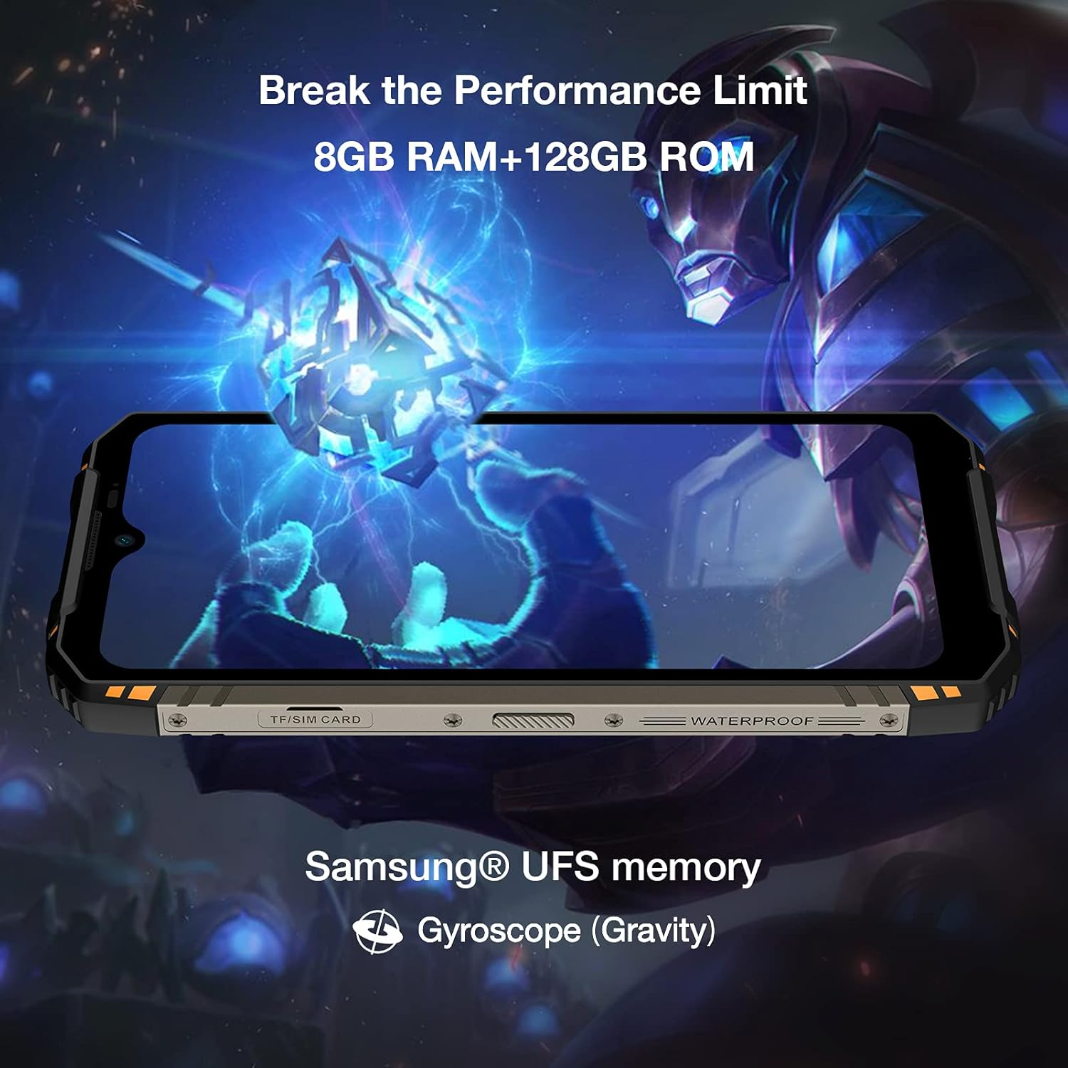 Wytrzymały telefon z grafiką. Tekst na telefonie promuje dużą pamięć RAM i wodoodporność.