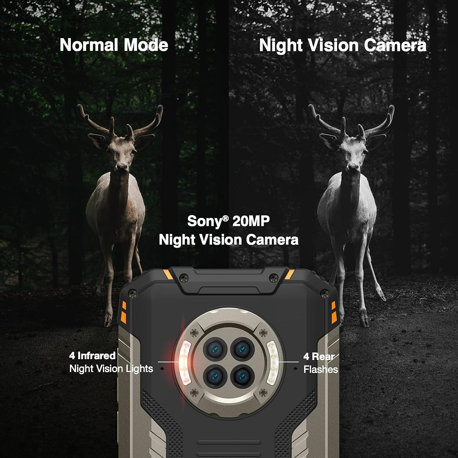 Smartfon z kamerą noktowizyjną. Dwa jelenie w trybie normalnym i noktowizyjnym.