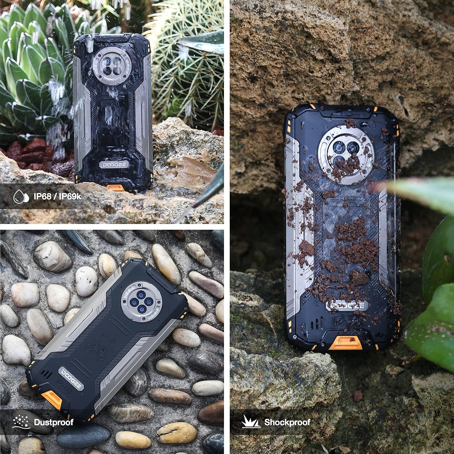 Trzy obrazy czarnego i srebrnego wytrzymałego smartfona. Funkcje obejmują wodoodporność, pyłoszczelność i odporność na wstrząsy.