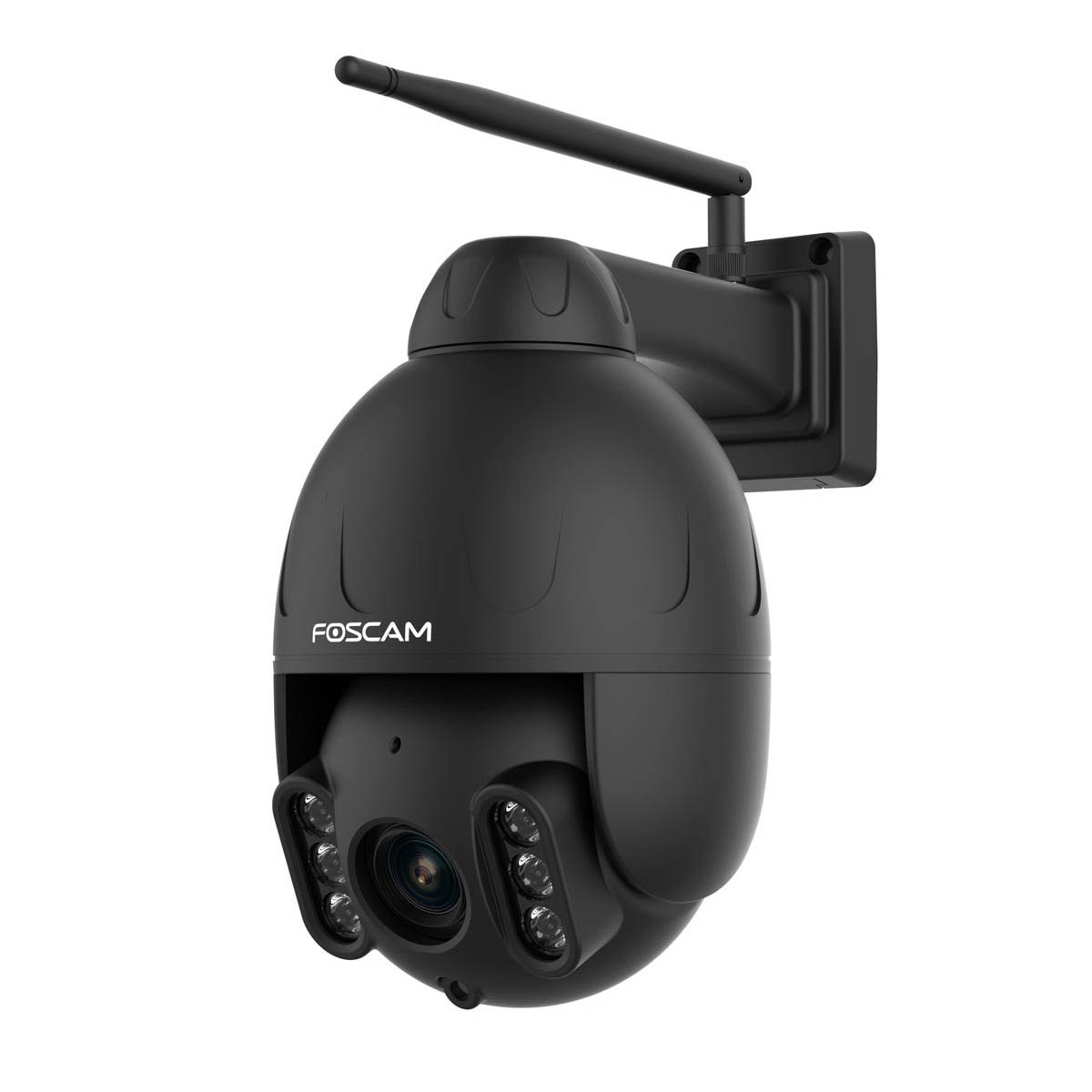 Schwarze Überwachungskamera. Kugelform, Antenne und Lichter. Der Markenname Foscam ist sichtbar.