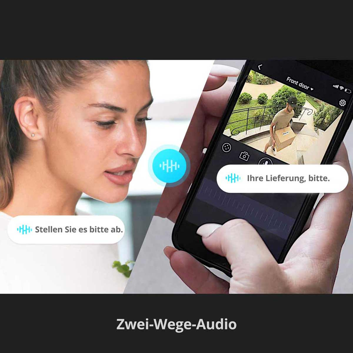 Frau schaut auf Telefon mit Live-Feed von der Haustür mit Zusteller.