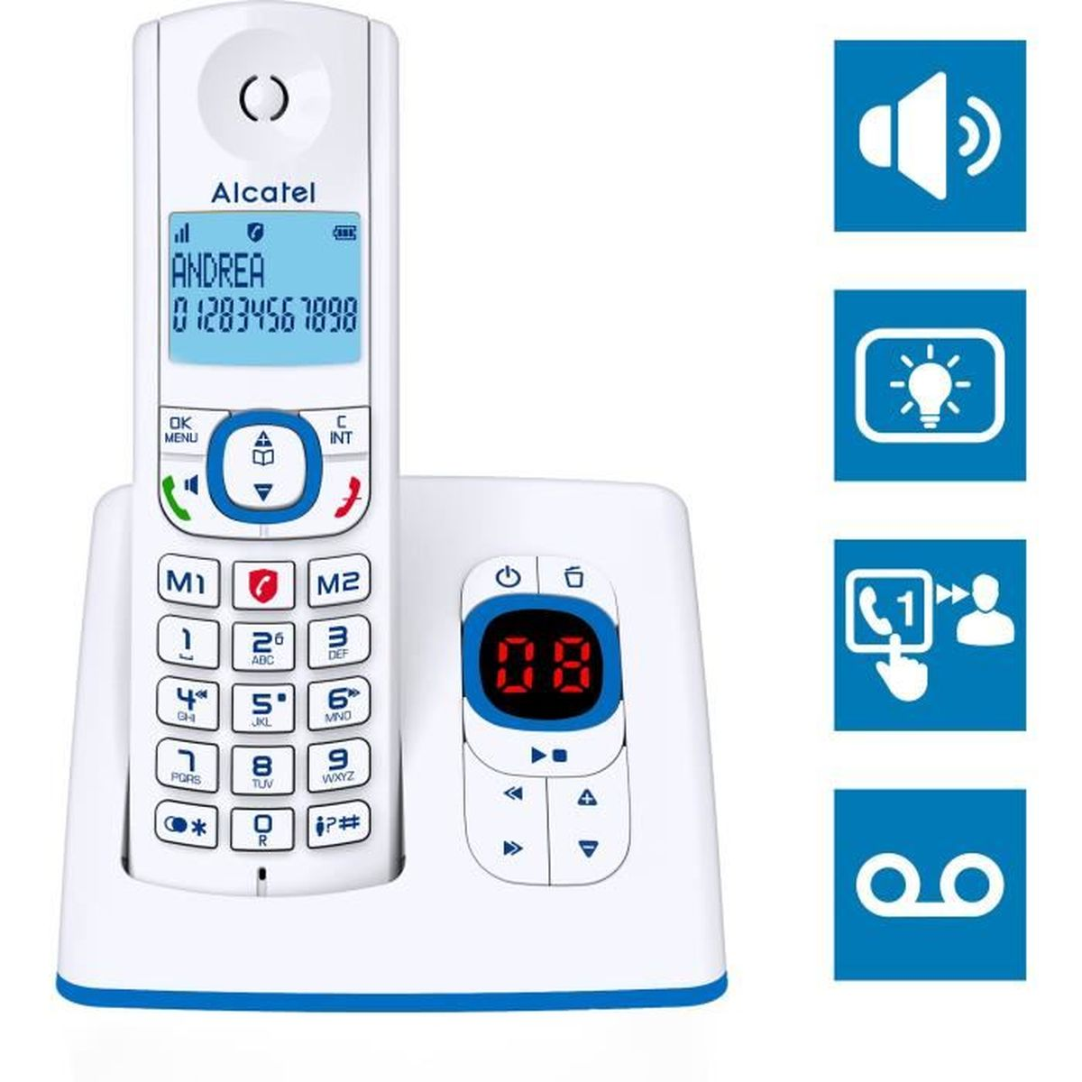 Telefono Alcatel bianco con base. Il display mostra un nome e un numero di contatto. Icone a destra.