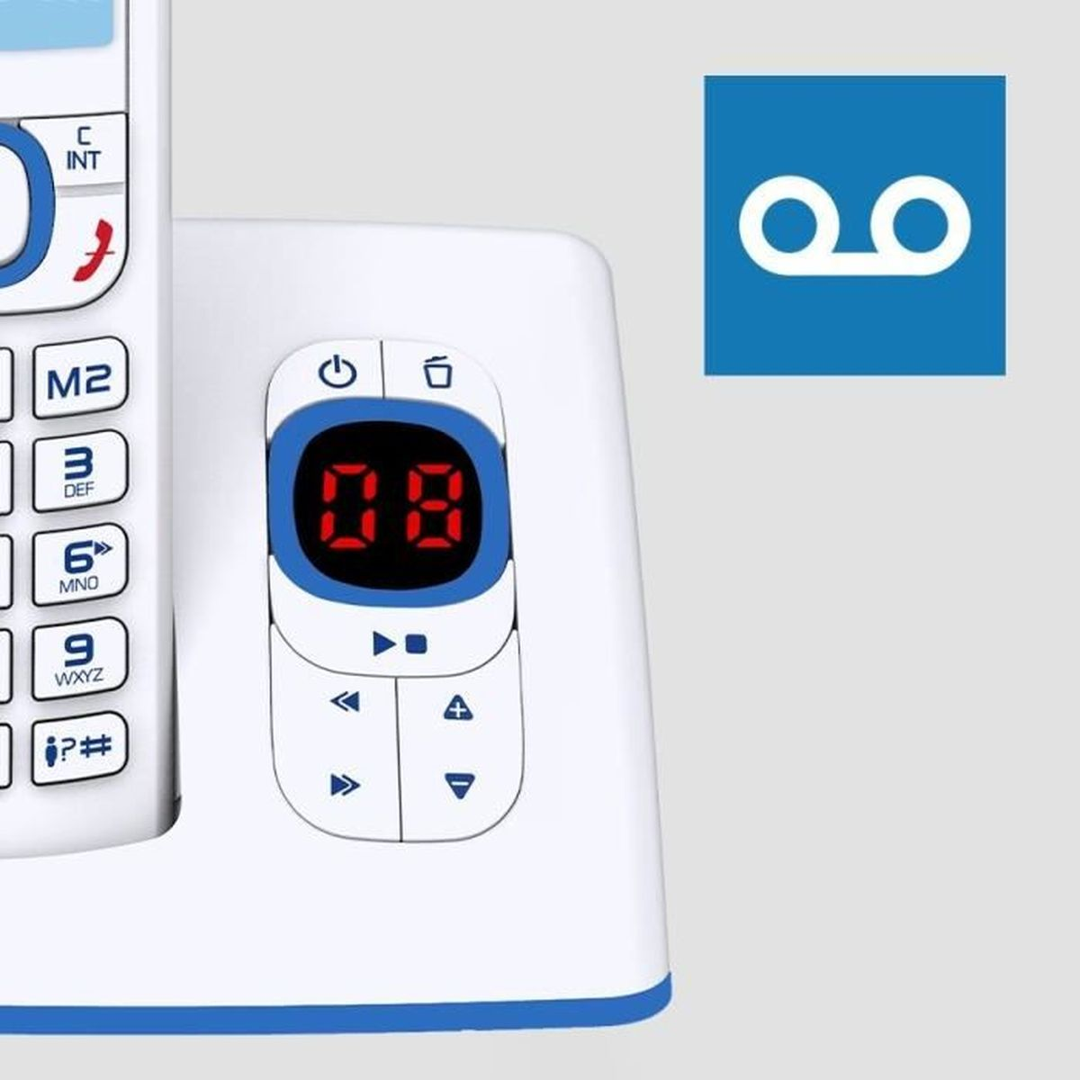 Una base per telefono bianca con uno schermo che mostra i numeri. Un'icona della segreteria telefonica blu.