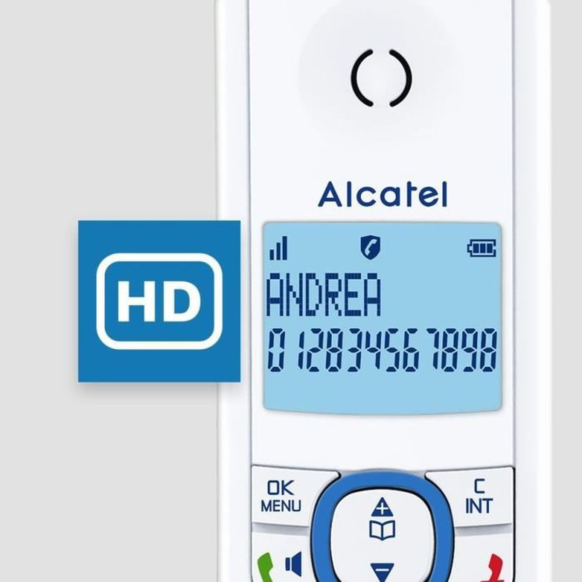 Primo piano di un telefono fisso bianco. Mostra il numero di Andrea e il logo HD.
