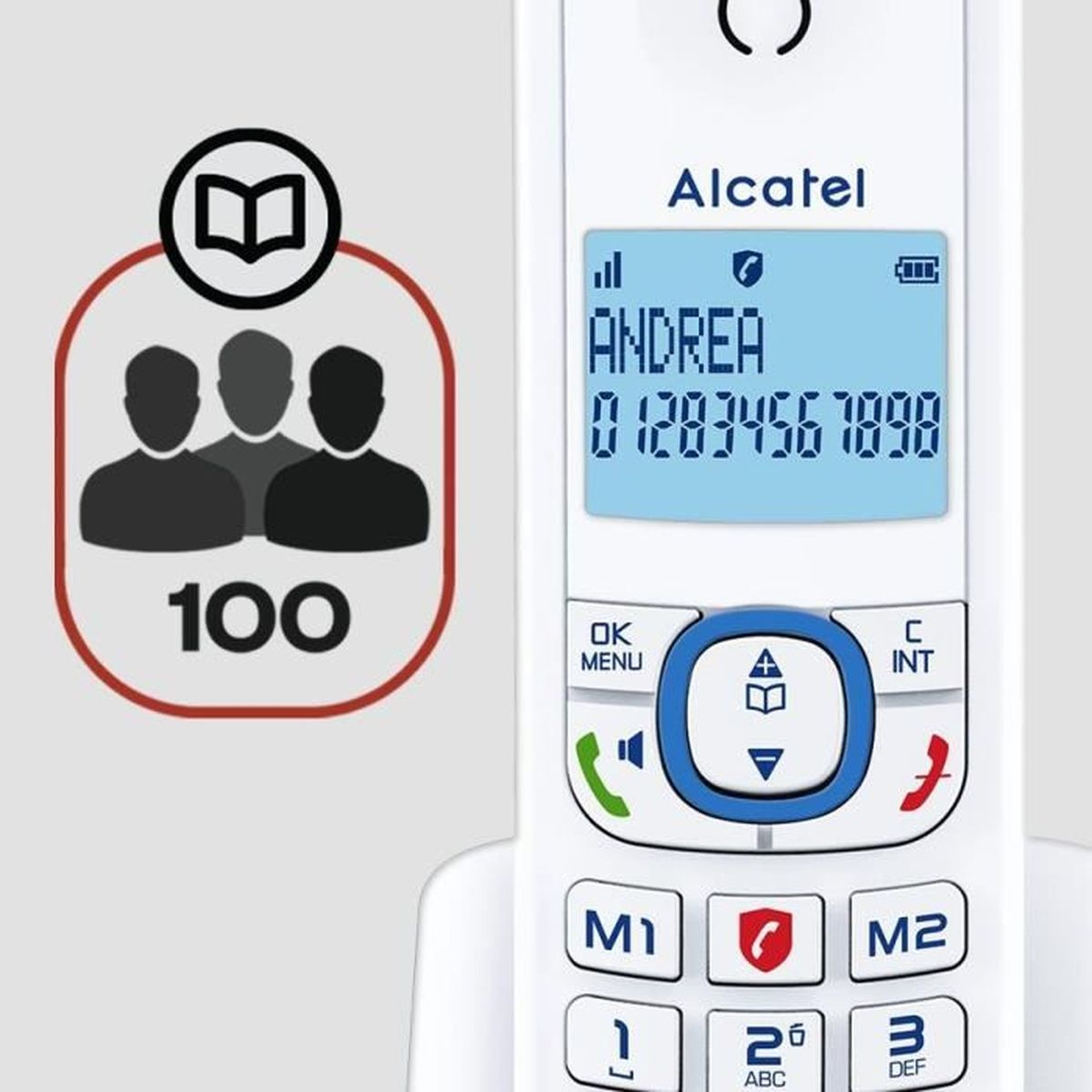 Telefono Alcatel bianco con schermo che mostra 'Andrea' e numero, con icone dei pulsanti.
