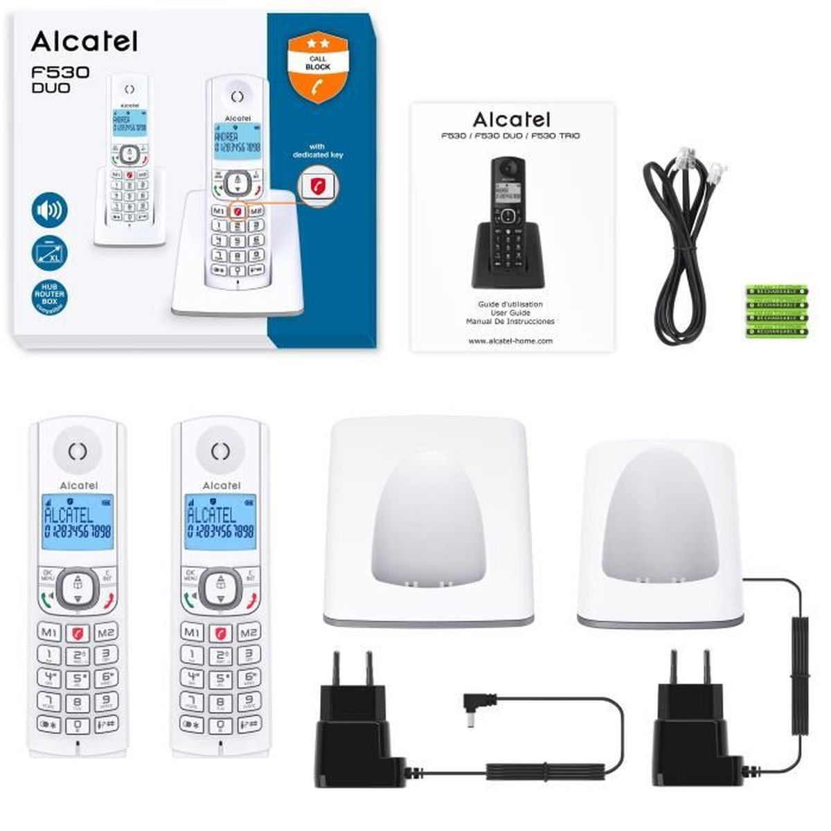 Set di telefoni fissi bianchi e neri con accessori.