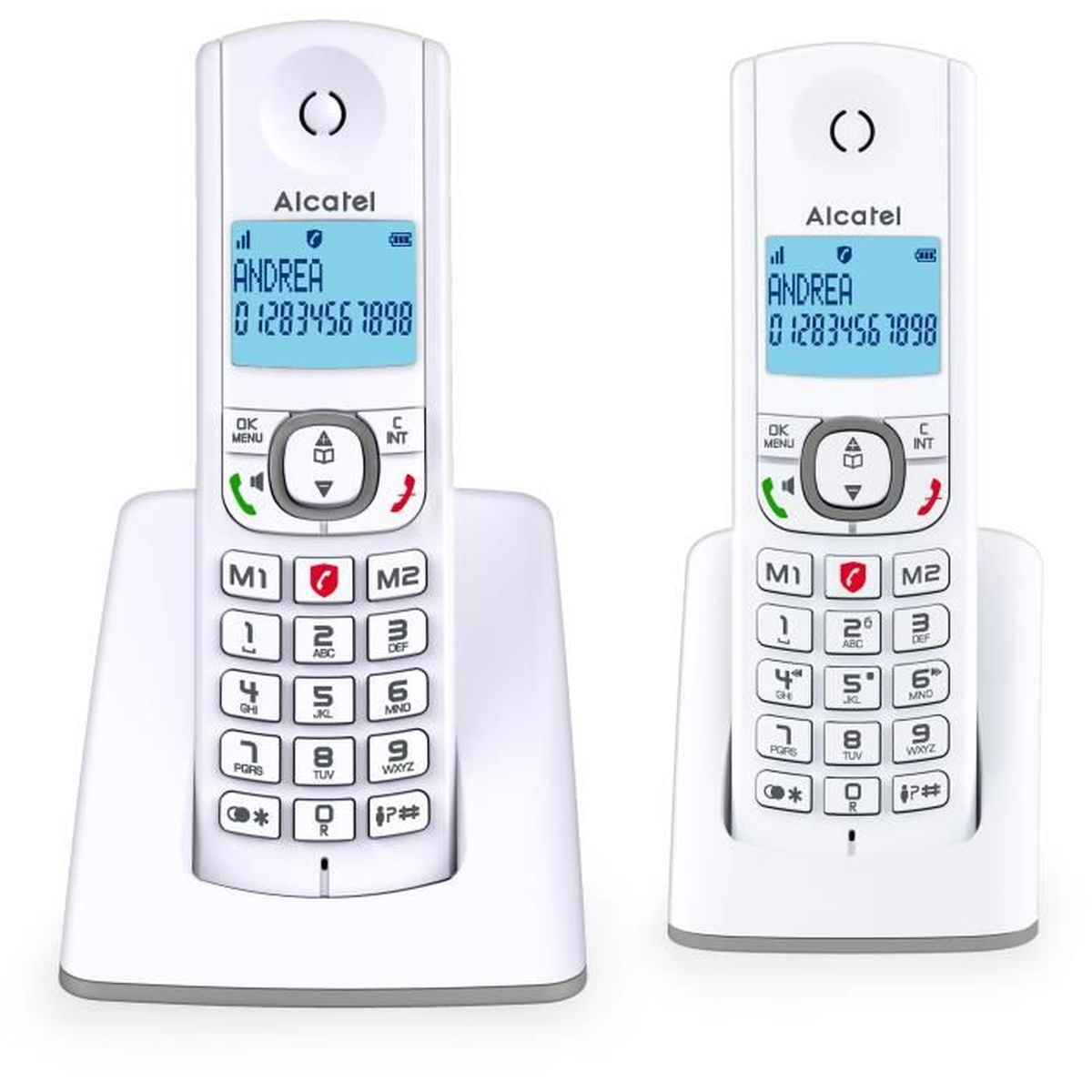 Due telefoni cordless bianchi con basi. Gli schermi mostrano nome e numero di telefono.