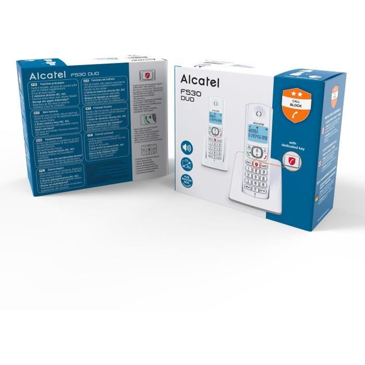 Due scatole di telefoni Alcatel bianche, che mostrano telefoni e funzionalità sulle scatole.