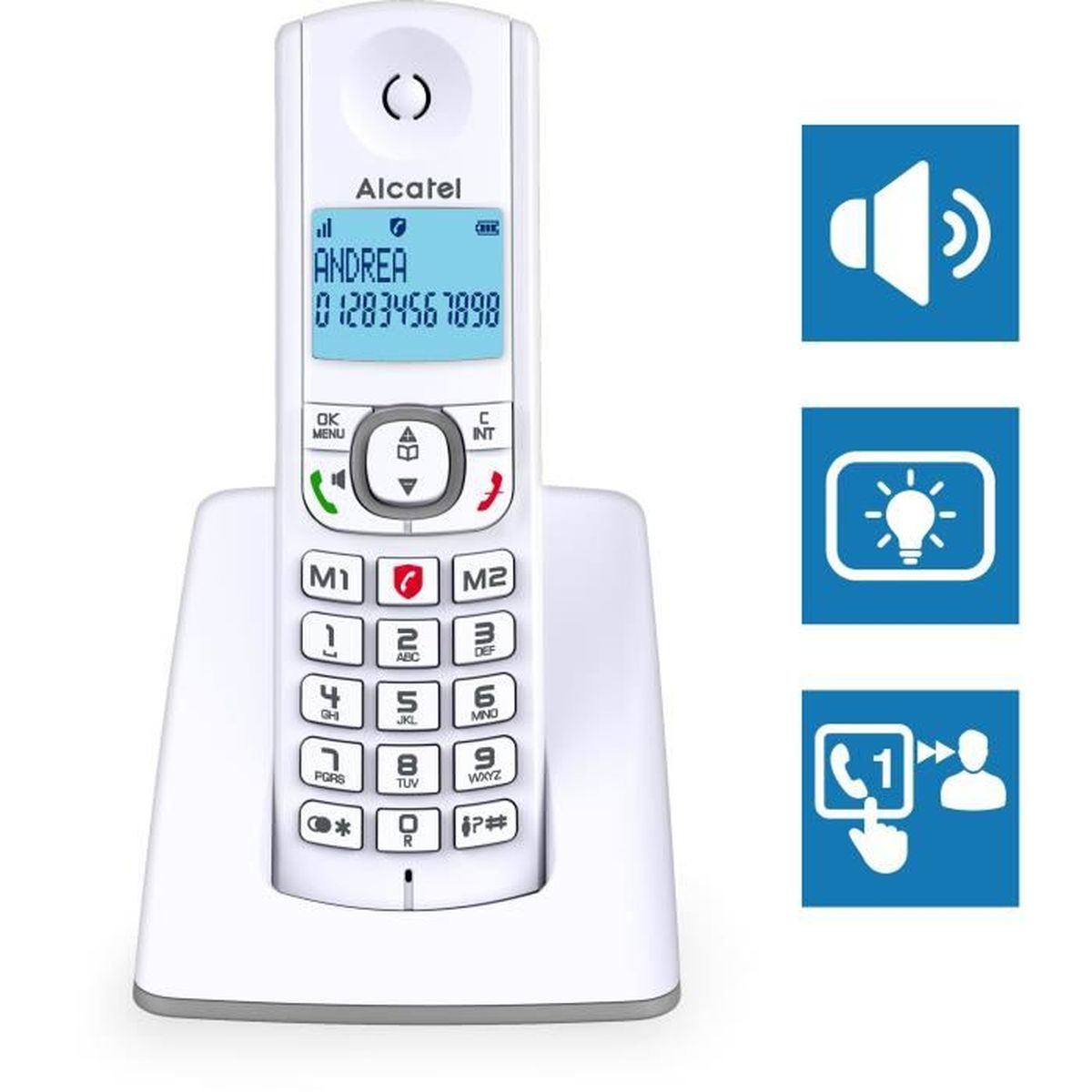 Telefono cordless bianco su base. Tasti e display visibili. Icone sul lato destro.