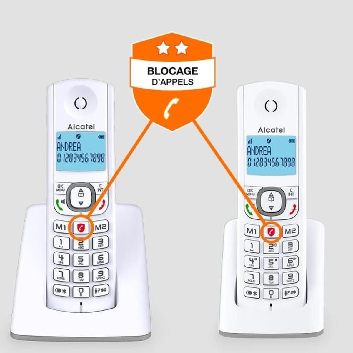 Due telefoni bianchi affiancati con un'icona a scudo tra di loro.