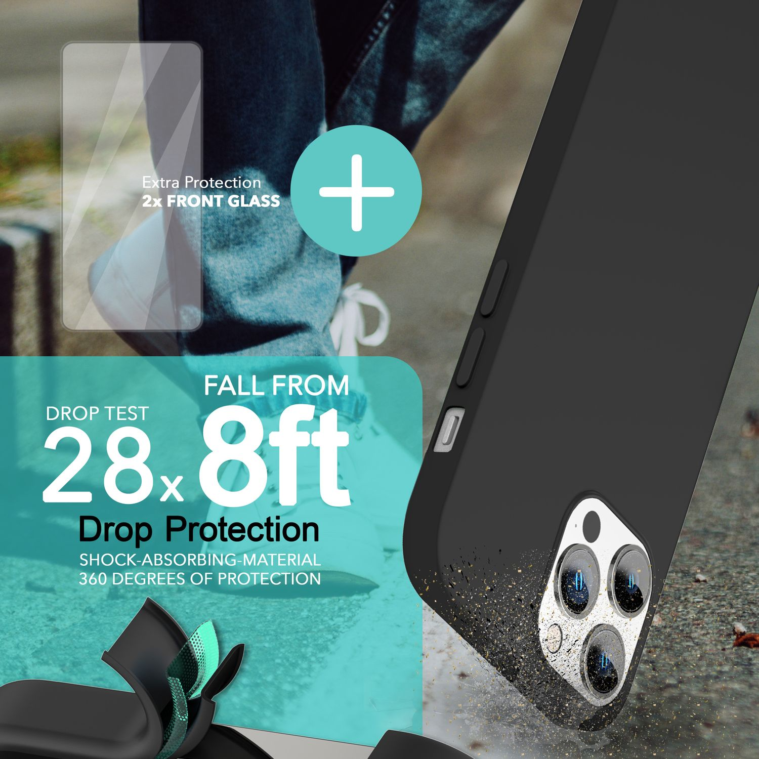 Handyhülle mit Telefon, zeigt Details des Falltests, mit Text, der 360 Grad Schutz anzeigt.