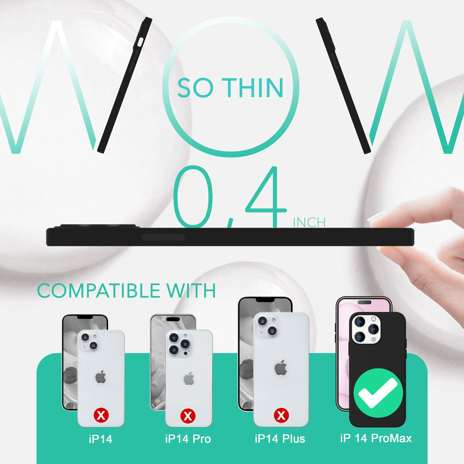 Funda negra en un iPhone. Texto: 'SO THIN 0.4 INCH' y 'COMPATIBLE WITH' iPhone 14 Pro Max.