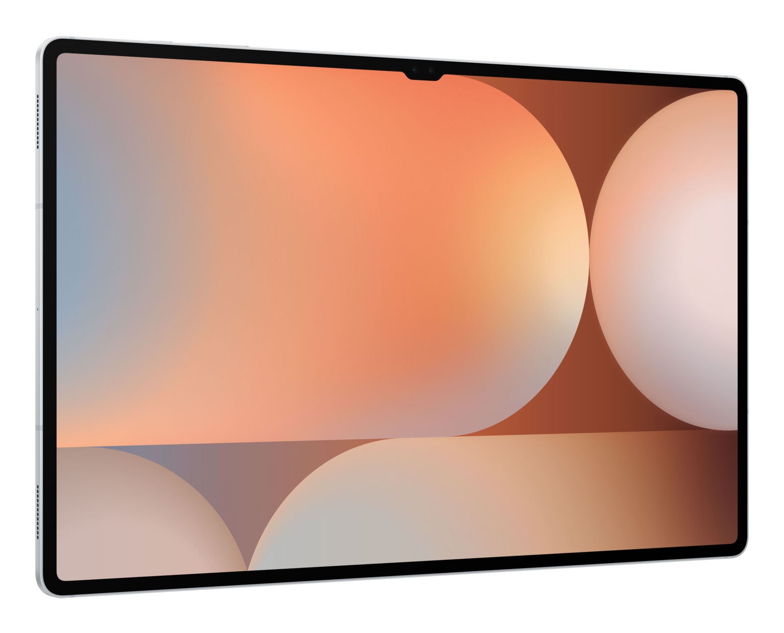 Tablet z ekranem wyświetlającym abstrakcyjny wzór, widziany z perspektywy.