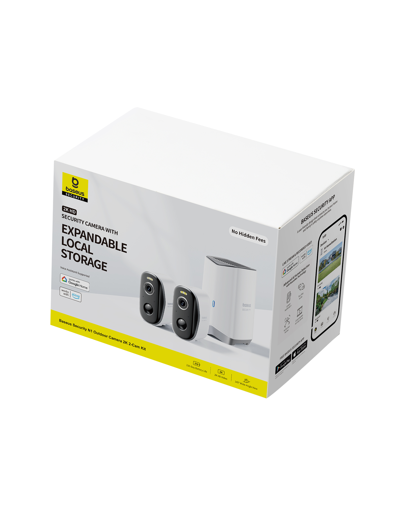 Witte doos met beveiligingscamera kit. Twee camera's en een basisstation worden getoond. Tekst: Baseus Security.