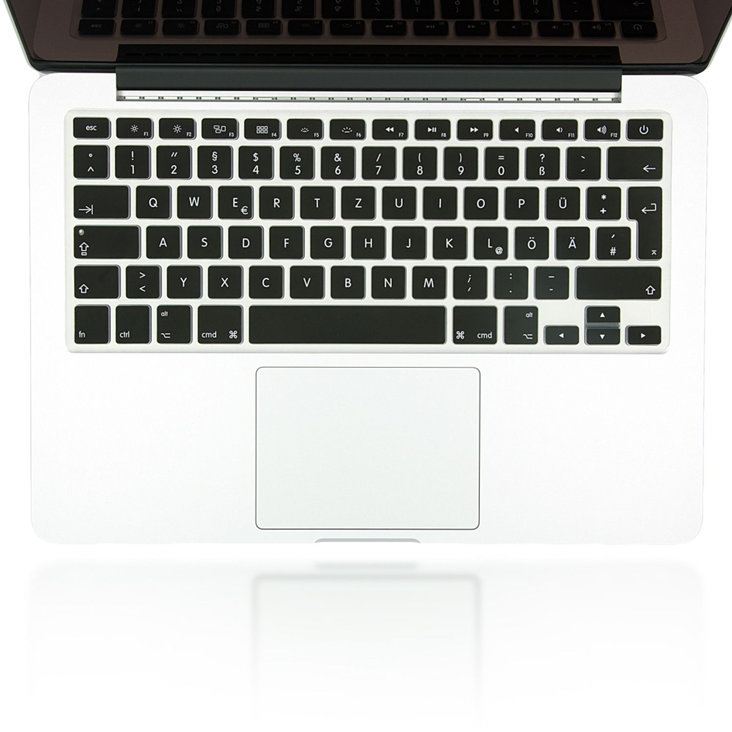 Vue de dessus d'un clavier d'ordinateur portable avec des touches blanches, un trackpad et un cadre noir.