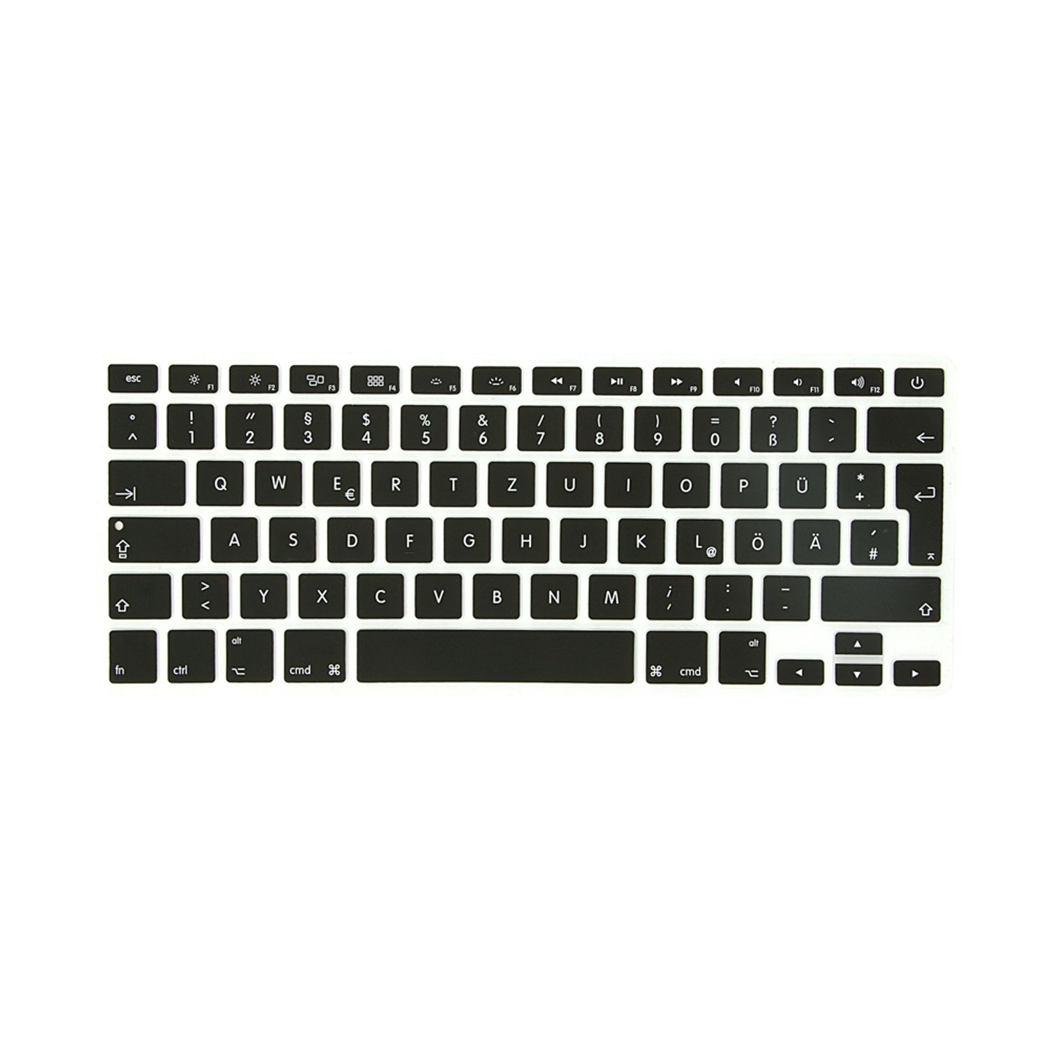 Peau de clavier noire avec touches, lettres et symboles blancs.