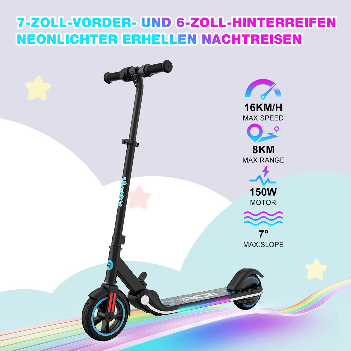 Czarna hulajnoga elektryczna z neonowymi światłami i grafiką informacyjną na gradientowym tle.