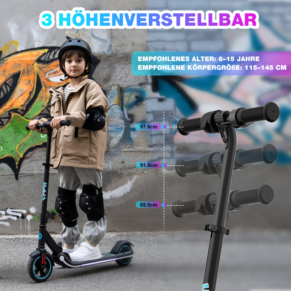Ein Kind auf einem Roller mit einstellbaren Höhenoptionen. Der Hintergrund ist eine Wand mit Graffiti.