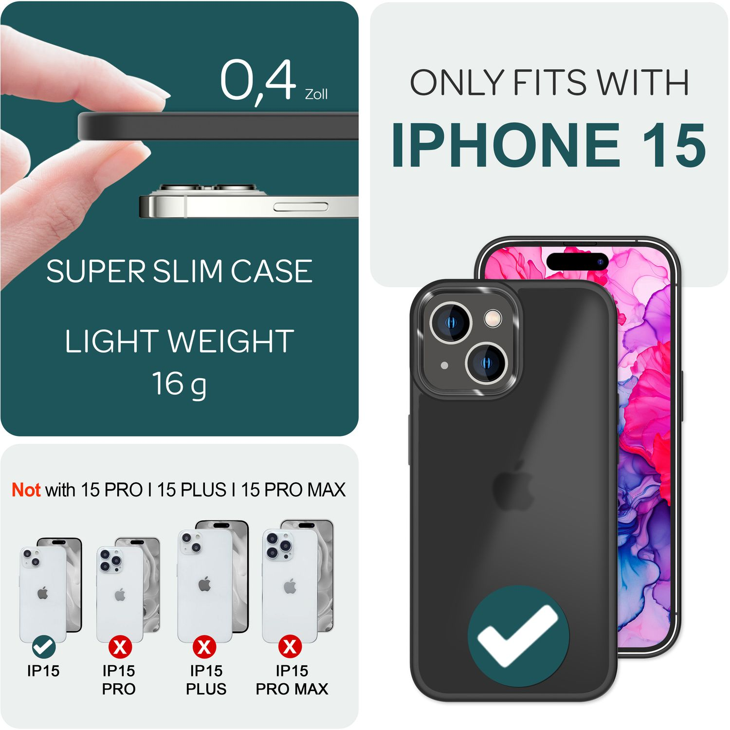 Schwarze iPhone 15 Hülle, 0,4 mm dick. Text: Super schlanke Hülle, leicht 16g. Nur für iPhone 15