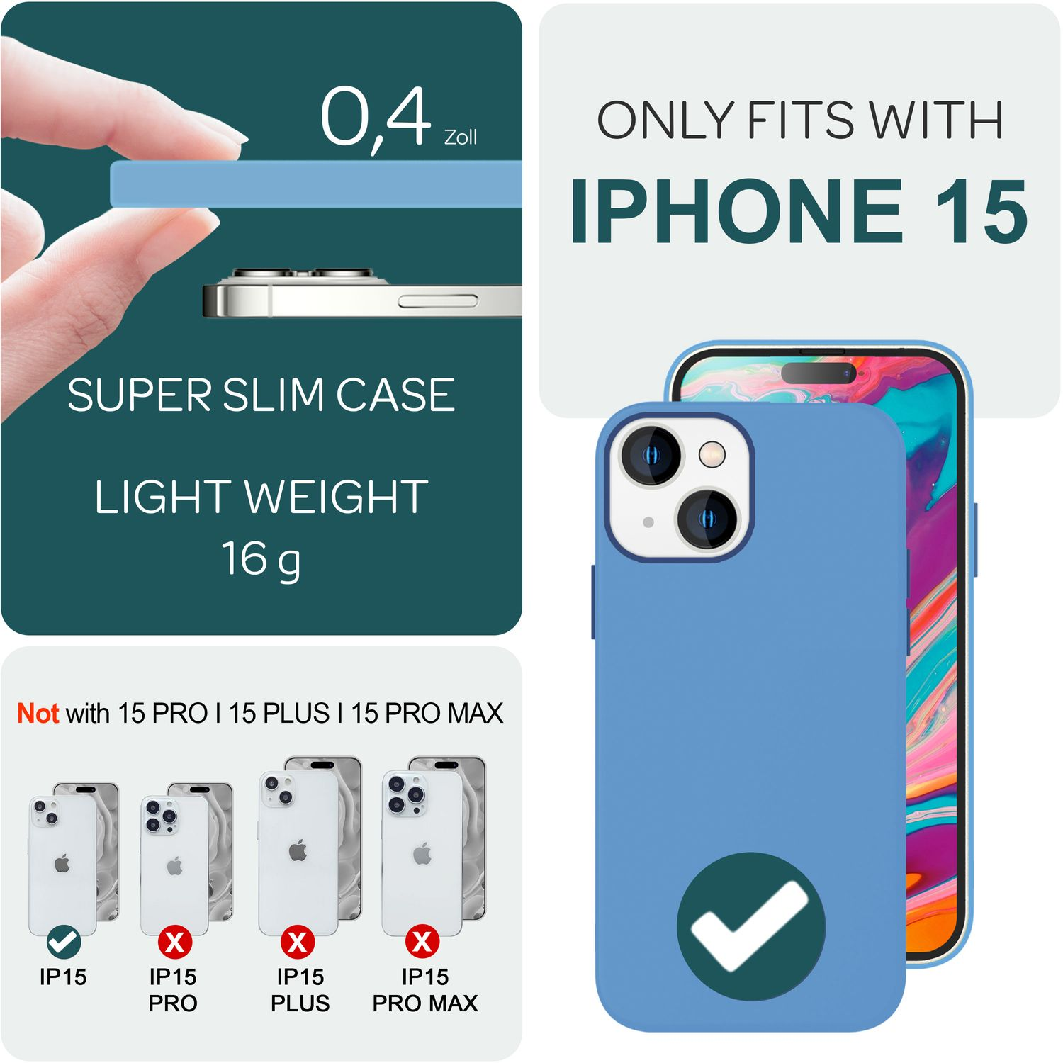 Blaue Handyhülle und iPhone 15. Text: 'SUPER SLIM CASE' und 'ONLY FITS WITH IPHONE 15'.