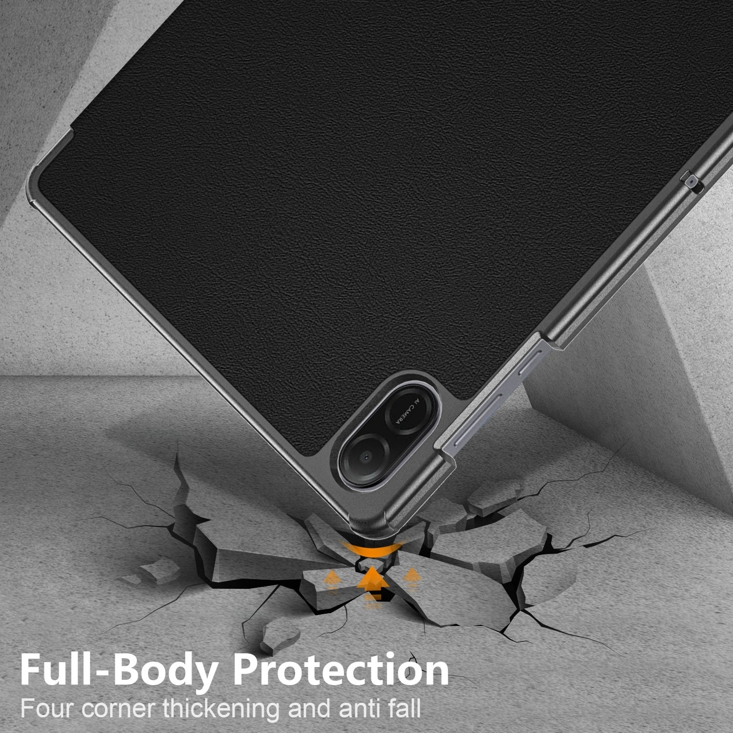 Ein Tablet liegt auf dem Boden und bricht ihn. Das Tablet ist schwarz mit einem Metallrahmen. Text: 'Full-Body Protection'.