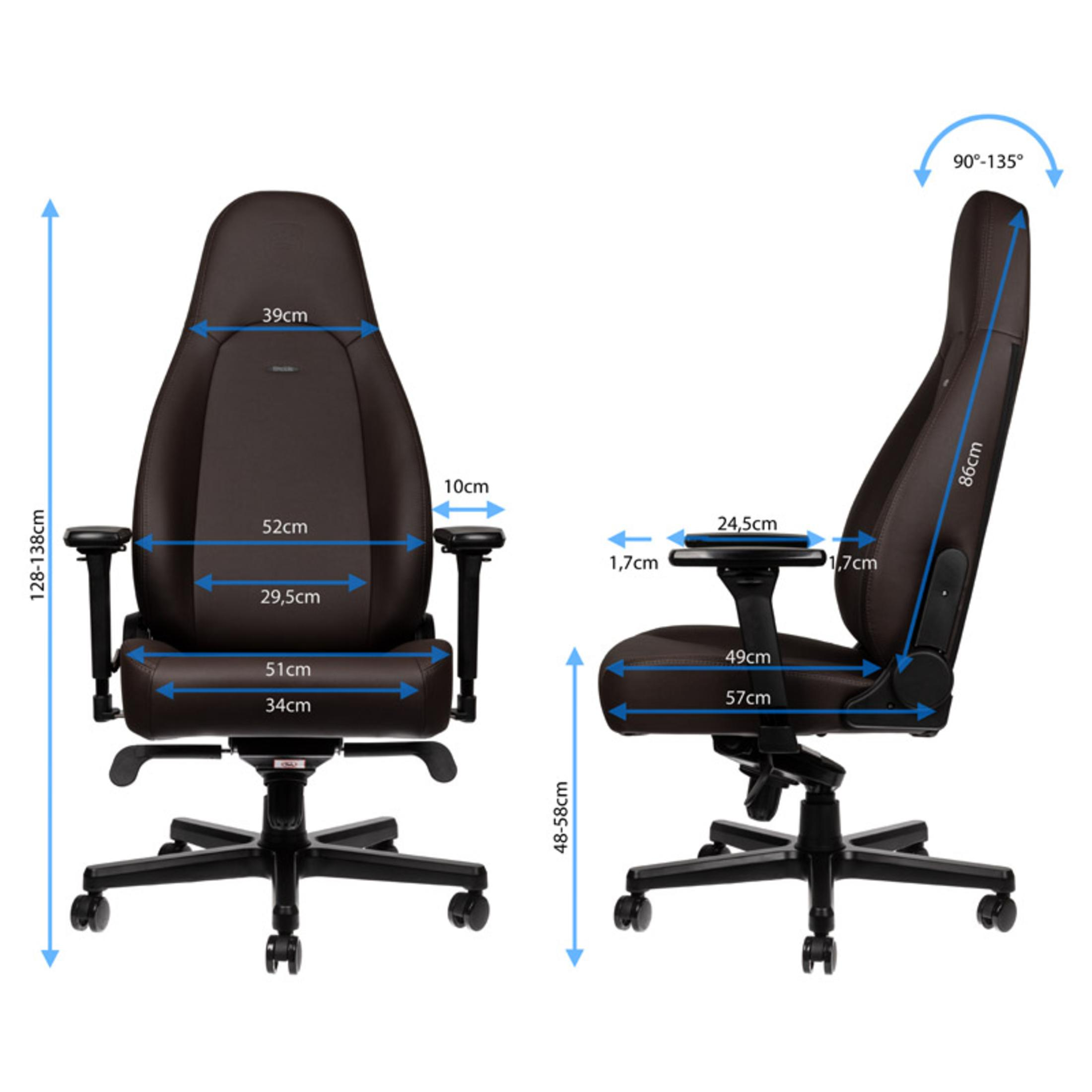 Une chaise de jeu marron et noire montrant les dimensions. Les mesures incluent la hauteur, la largeur et les positions des accoudoirs.