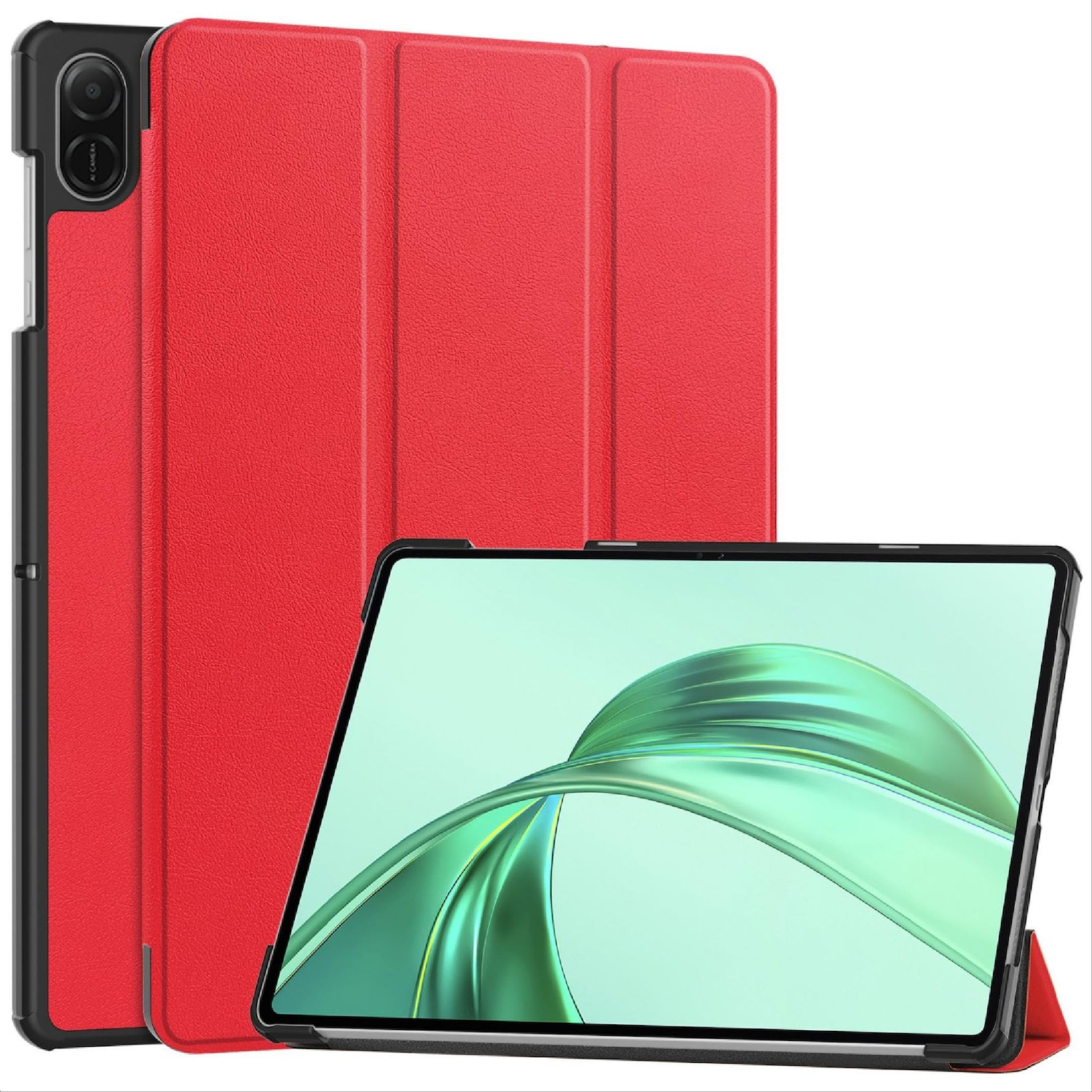 Ein rotes Tablet und eine rote Hülle, das Tablet zeigt eine grün-schwarze Grafik auf dem Bildschirm.