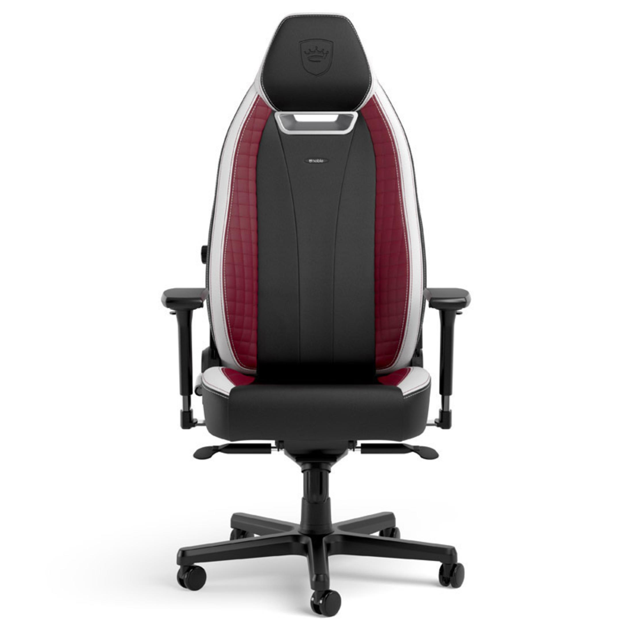 Gaming-Stuhl, schwarz, rot und weiß. Vorderansicht. Mit Kopfstütze, Rückenlehne, Armlehnen und Fünf-Rad-Basis.