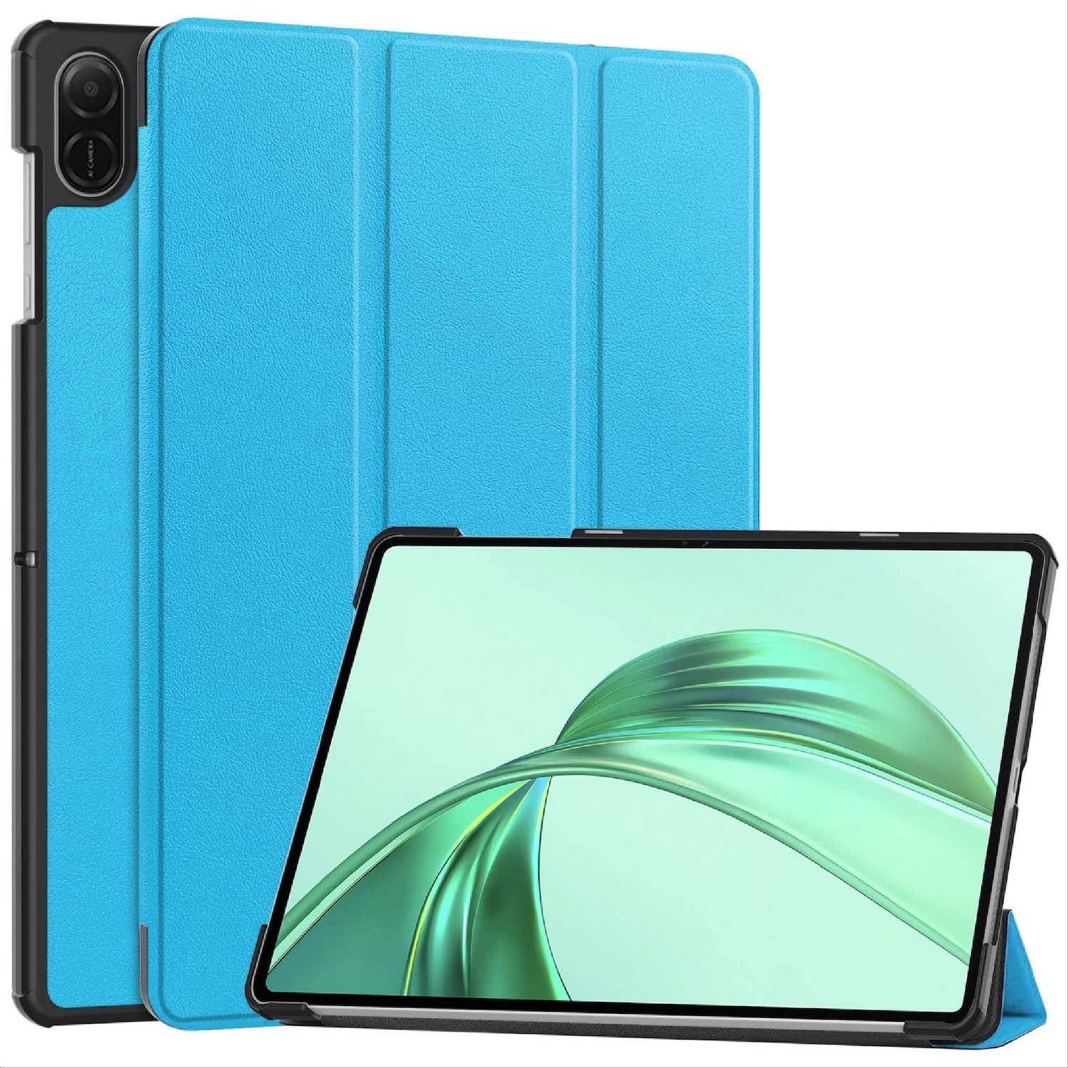 Blaue Tablethülle mit Tablet darin. Das Tablet unten, die Hülle dahinter.