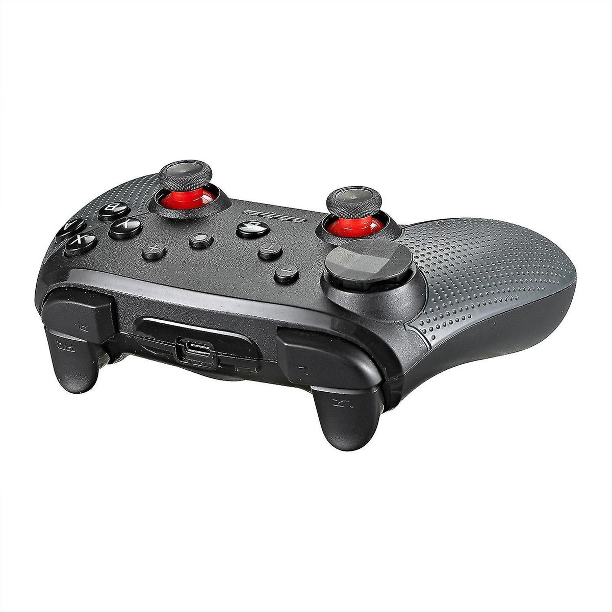Ein schwarzer Gamecontroller mit roten Joysticks und Knöpfen. Er hat einen strukturierten Griff und Knöpfe.