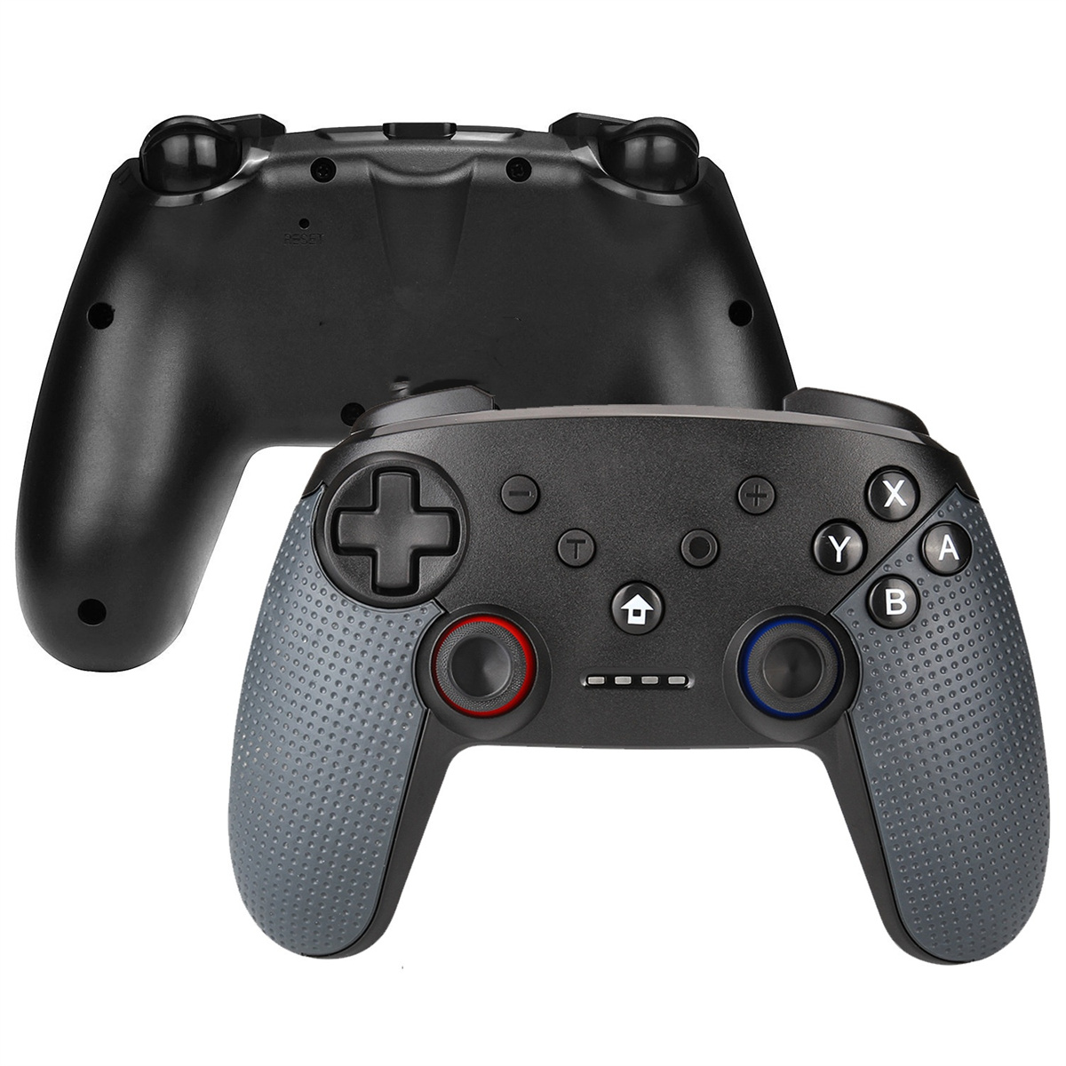 Schwarze und graue Gamecontroller. Knöpfe, Steuerkreuz und Joysticks. Ein Controller hinter dem anderen.