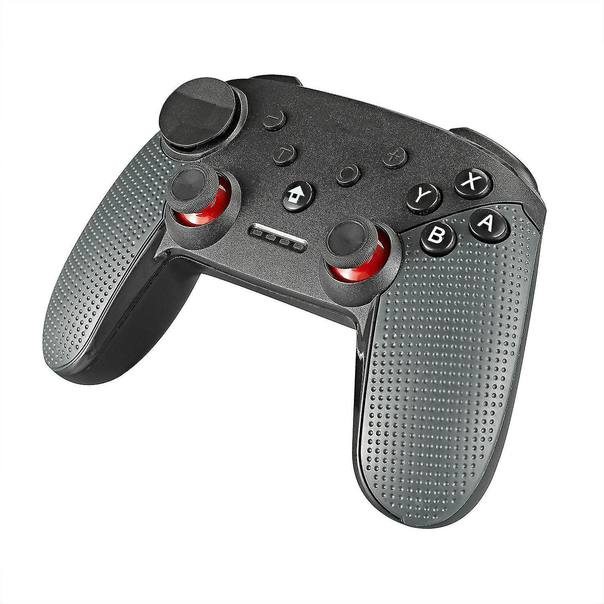 Ein schwarzes Gamepad mit roten Akzenten. Es hat Knöpfe, ein Steuerkreuz und zwei Joysticks mit roten Ringen.