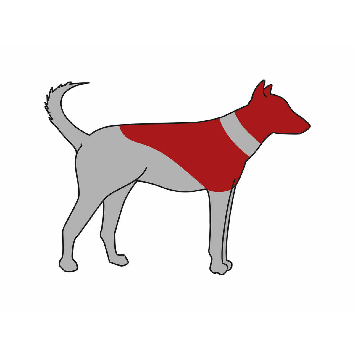 Un contorno di cane con una sezione del corpo riempita di rosso e una sezione del corpo grigia.