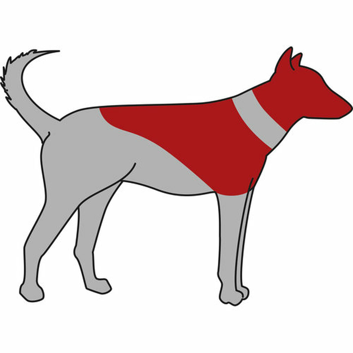 Sagoma di cane grigio con macchia rossa sulla schiena, in piedi di lato.