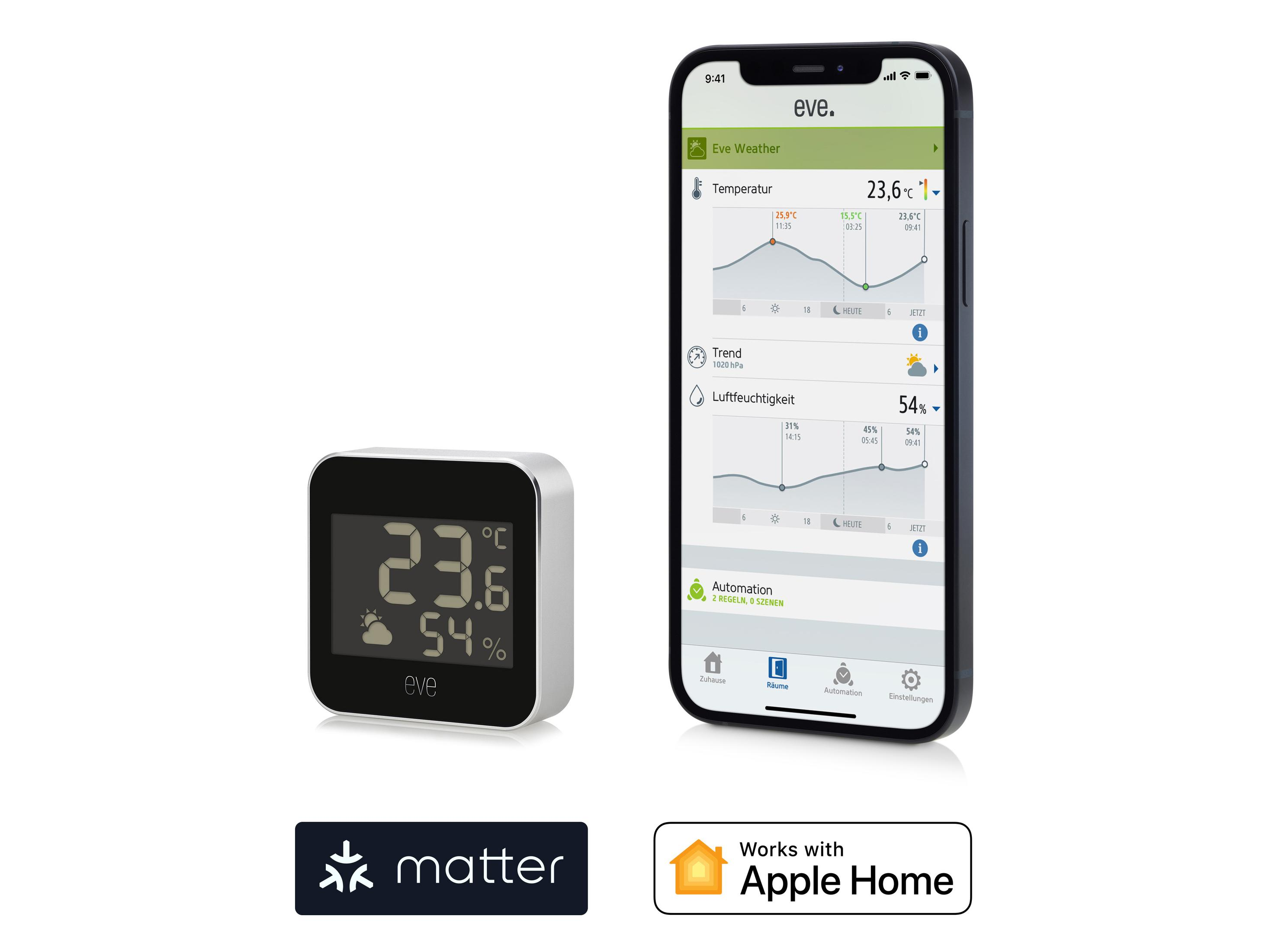 Ein Smartphone zeigt die Eve Weather App. Ein kleines quadratisches Gerät zeigt 23,6°C und 54% Luftfeuchtigkeit.