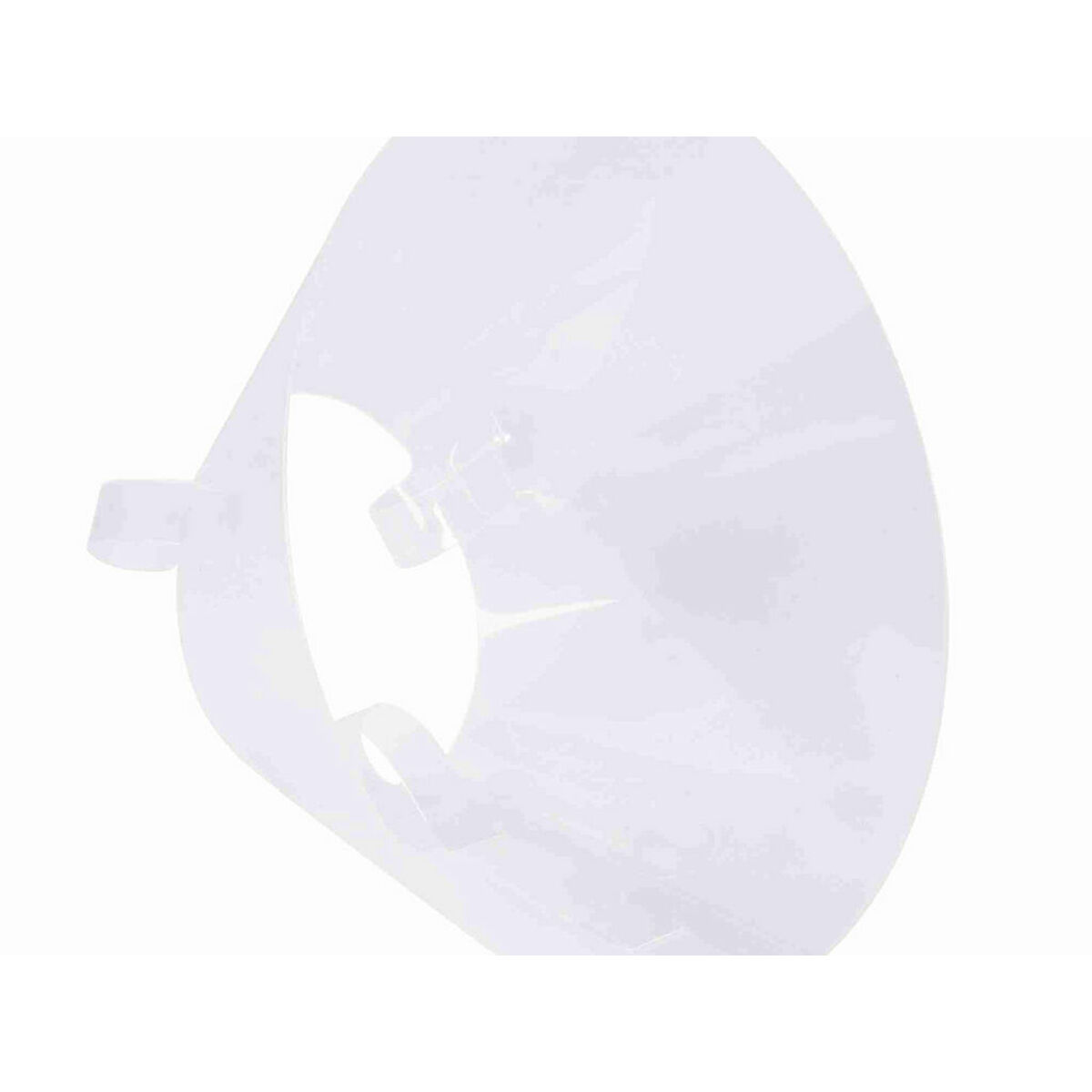 Cono di plastica trasparente, collare per animali domestici, aperto ad un'estremità, affusolato.
