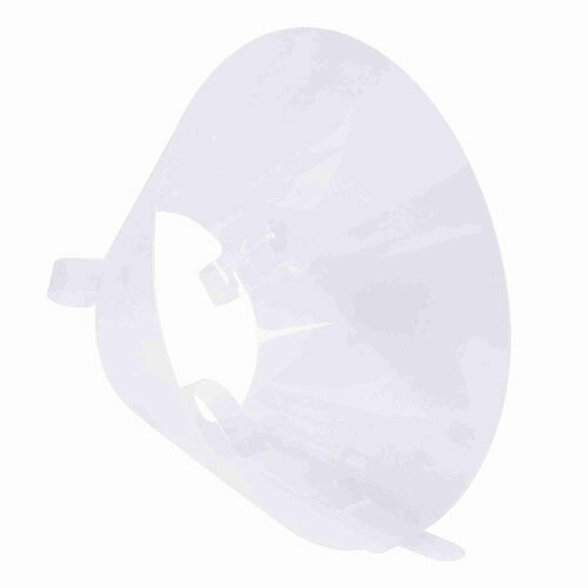 Cono per animali domestici in plastica trasparente. Ha la forma di un cono e un meccanismo di fissaggio.
