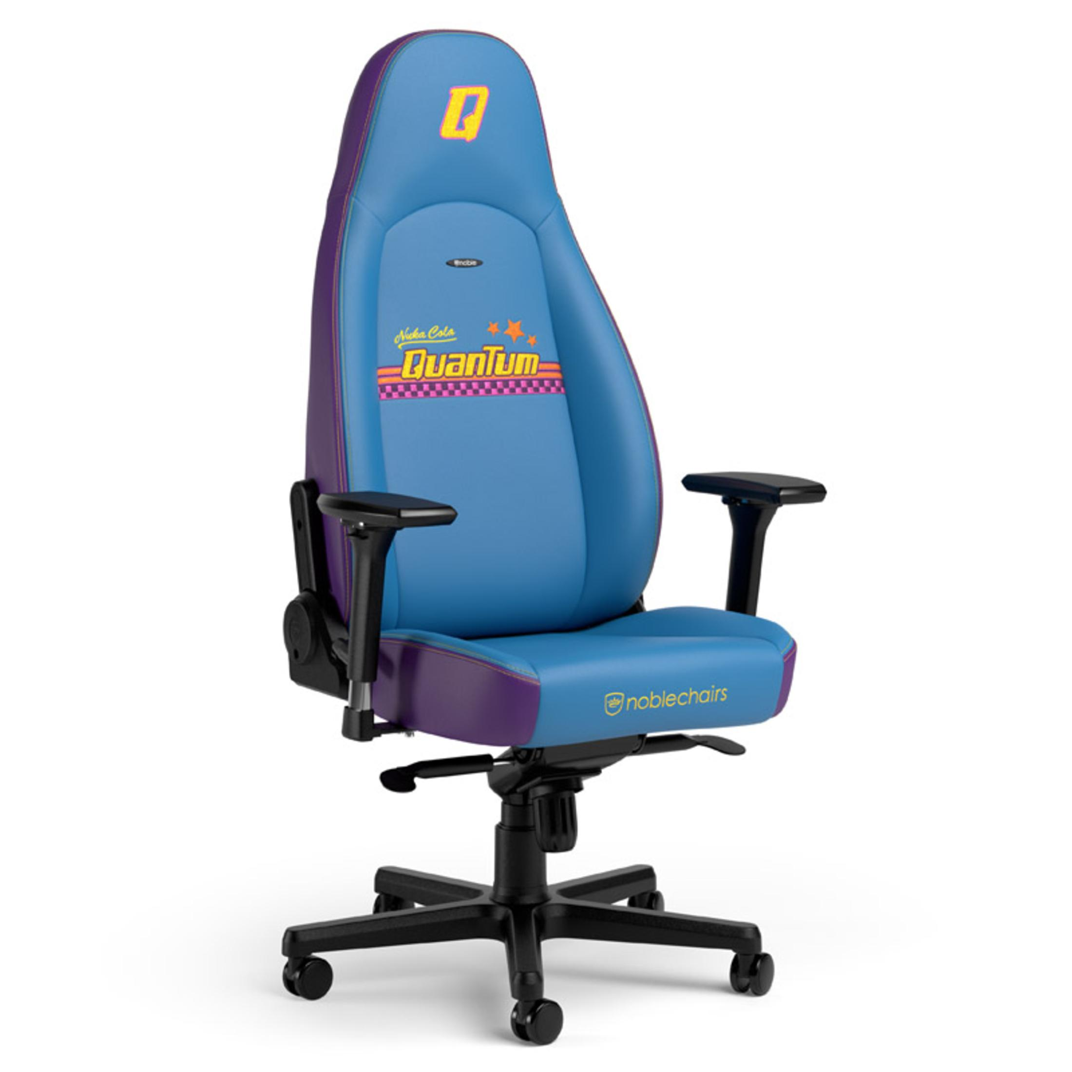 Chaise de jeu avec un design bleu et violet. Elle a le logo 'Nuka Cola Quantum'.